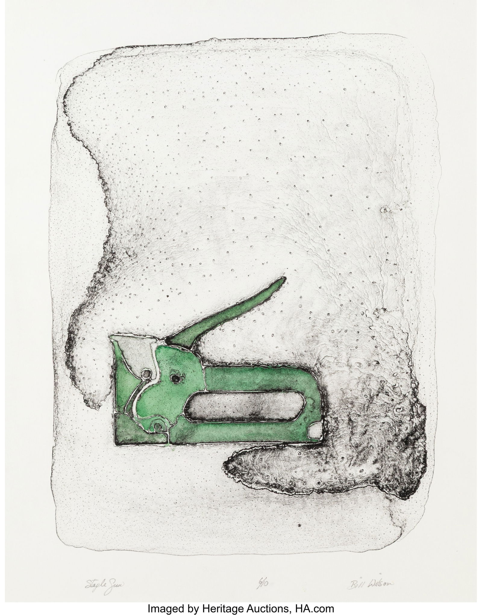 Bill Wilson (1931-2013) Staple Gun, 1989 Lithogr: Bill Wilson (1931-2013) Staple Gun, 1989 Lithograph with hand coloring on wove paper 17-1/2 x 13-1/2 inches (44.5 x 34.3 cm) (sight)