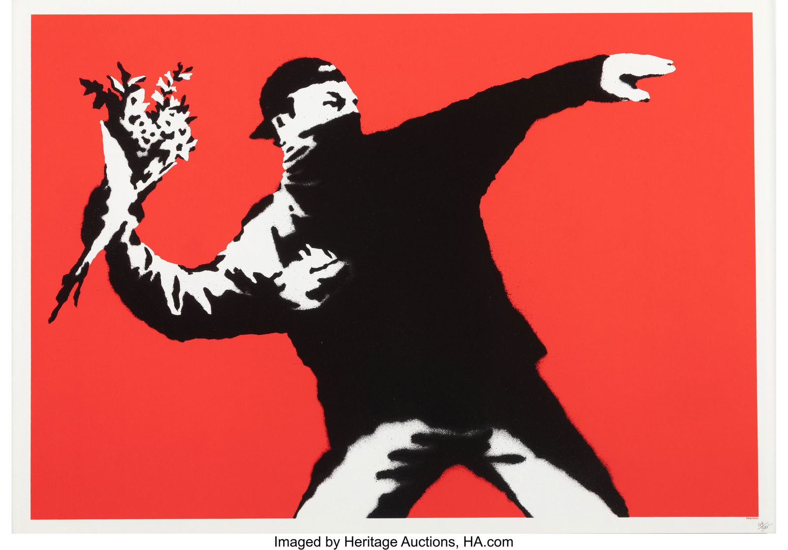 Banksy (b. 1974) Love is in the Air, 2003 Screen: Banksy (b. 1974) Love is in the Air, 2003 Screenprint in colors on wove paper 19-3/4 x 27-5/8 inches (50.2 x 70.1 cm) (sheet) Ed&period