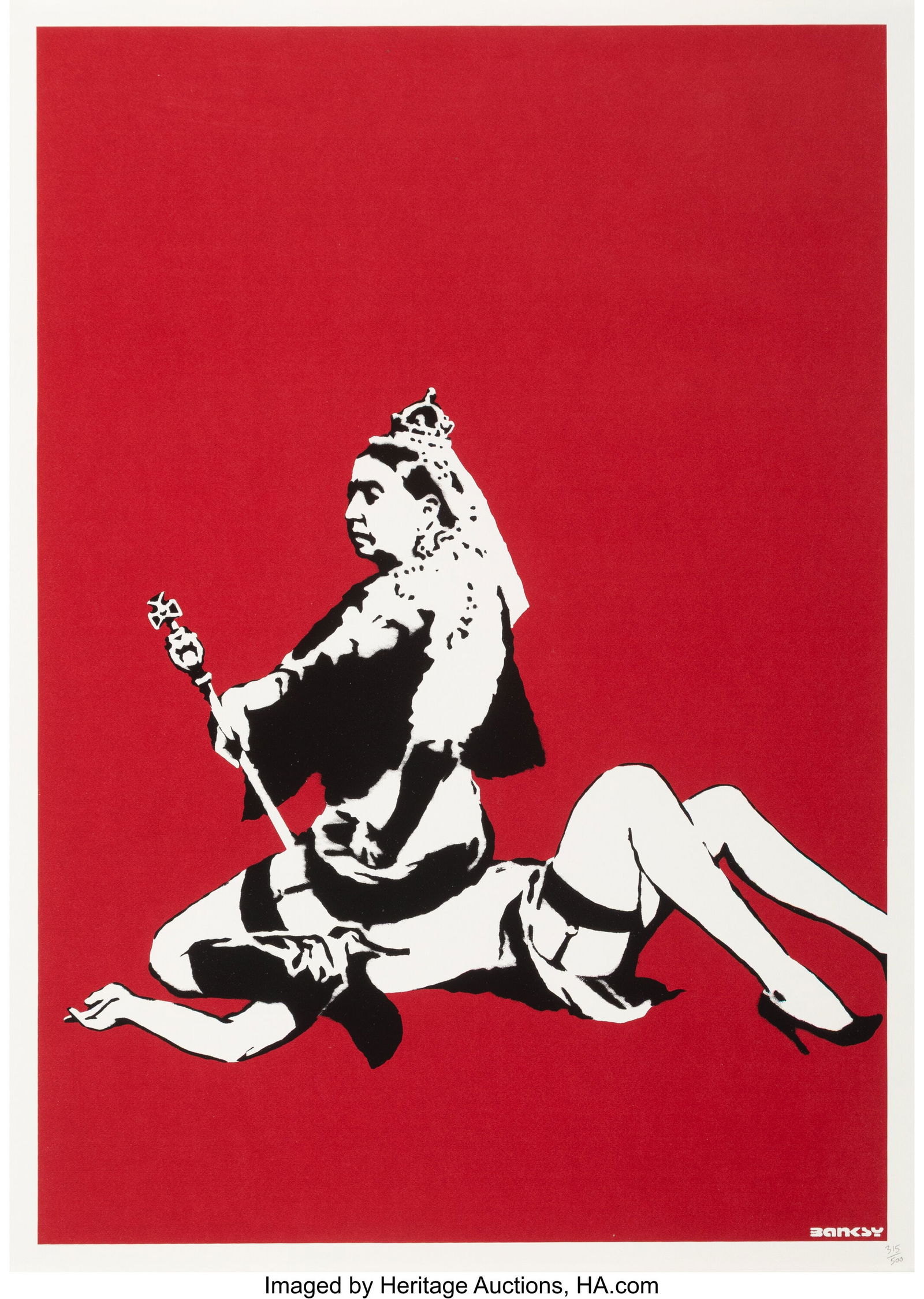 Banksy (b. 1974) Queen Victoria, 2003 Screenprin: Banksy (b. 1974) Queen Victoria, 2003 Screenprint in colors on wove paper 27-1/2 x 19-5/8 inches (70 x 50 cm) (sheet) Ed. 315/500 Numbered