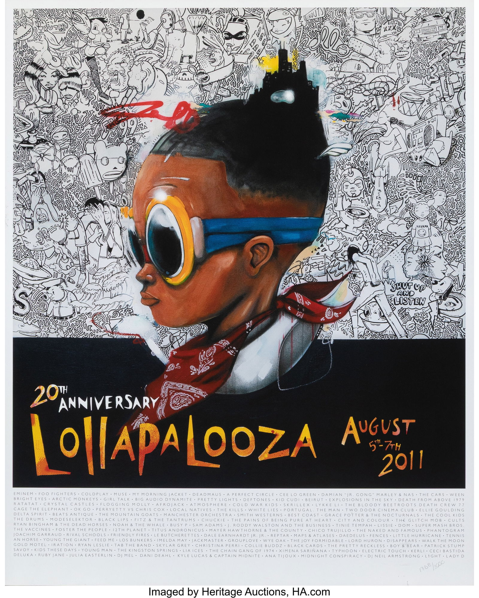 Hebru Brantley (b. 1981) Lollapalooza 2011, 20th: Hebru Brantley (b. 1981) Lollapalooza 2011, 20th Anniversary poster, 2011 Offset lithograph in colors on paper 30 x 24 inches (76.2 x 61.0 cm) &lpa