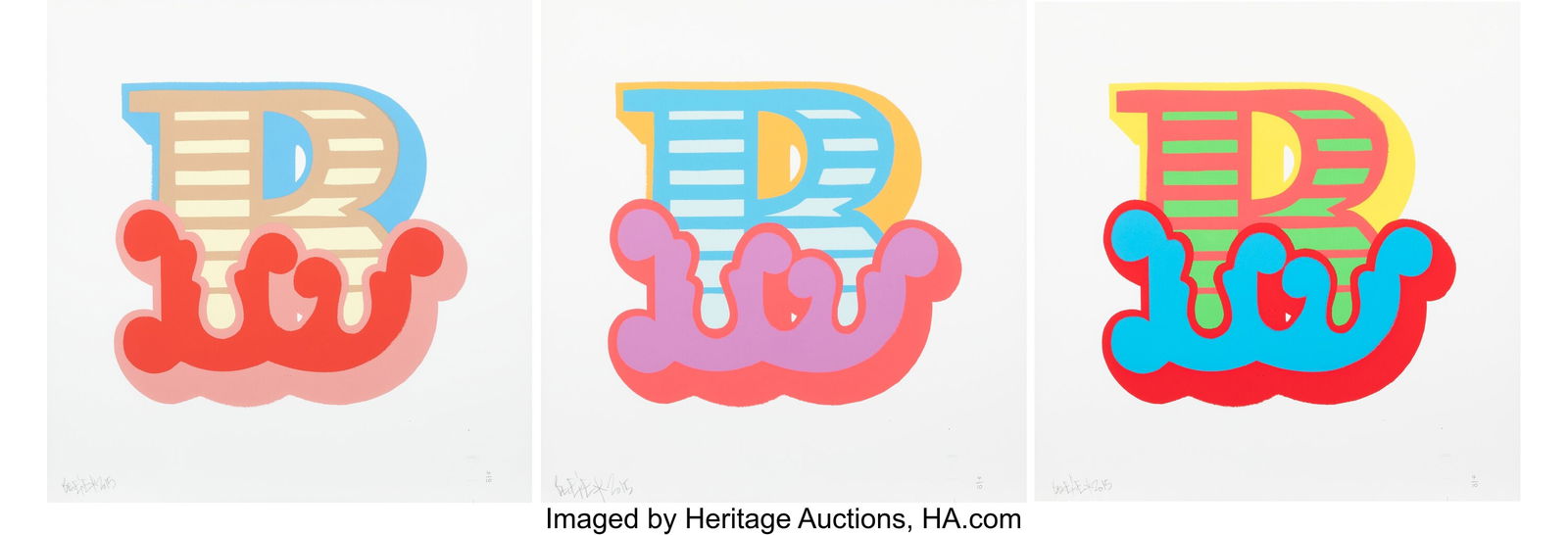 Ben Eine (b. 1970) BBB (three works), 2015 Scree: Ben Eine (b. 1970) BBB (three works), 2015 Screenprint in colors on Somerset Satin 300gsm paper 22-3/8 x 22-3/8 inches (56.8 x 56.8 cm)