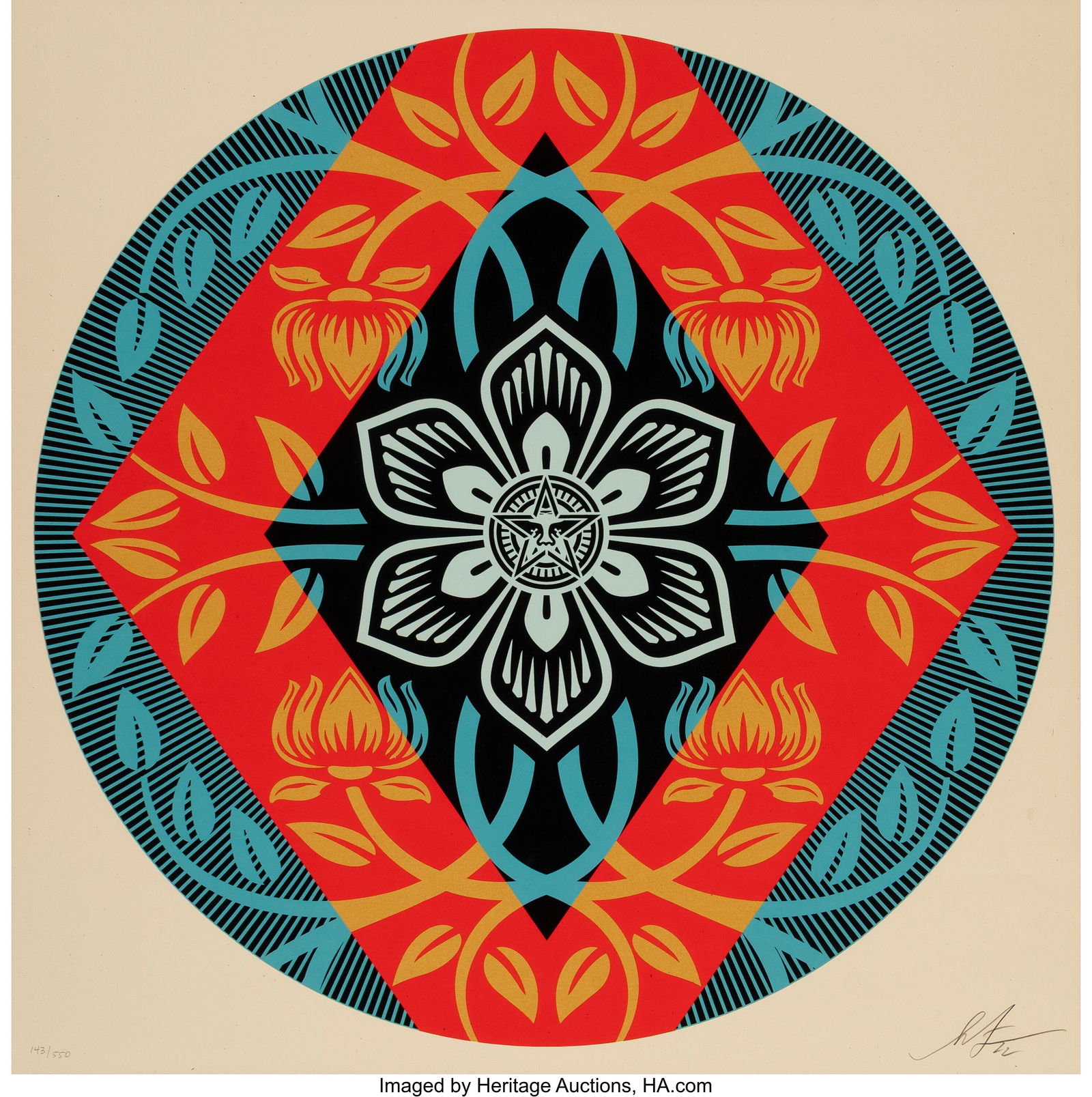 Shepard Fairey (b. 1970) Obey Diamond Flower Rou: Shepard Fairey (b. 1970) Obey Diamond Flower Round, 2023 Screenprint in colors on Cream Speckletone paper 24 x 24 inches (61.0 x 61.0 cm) (sheet&rpa
