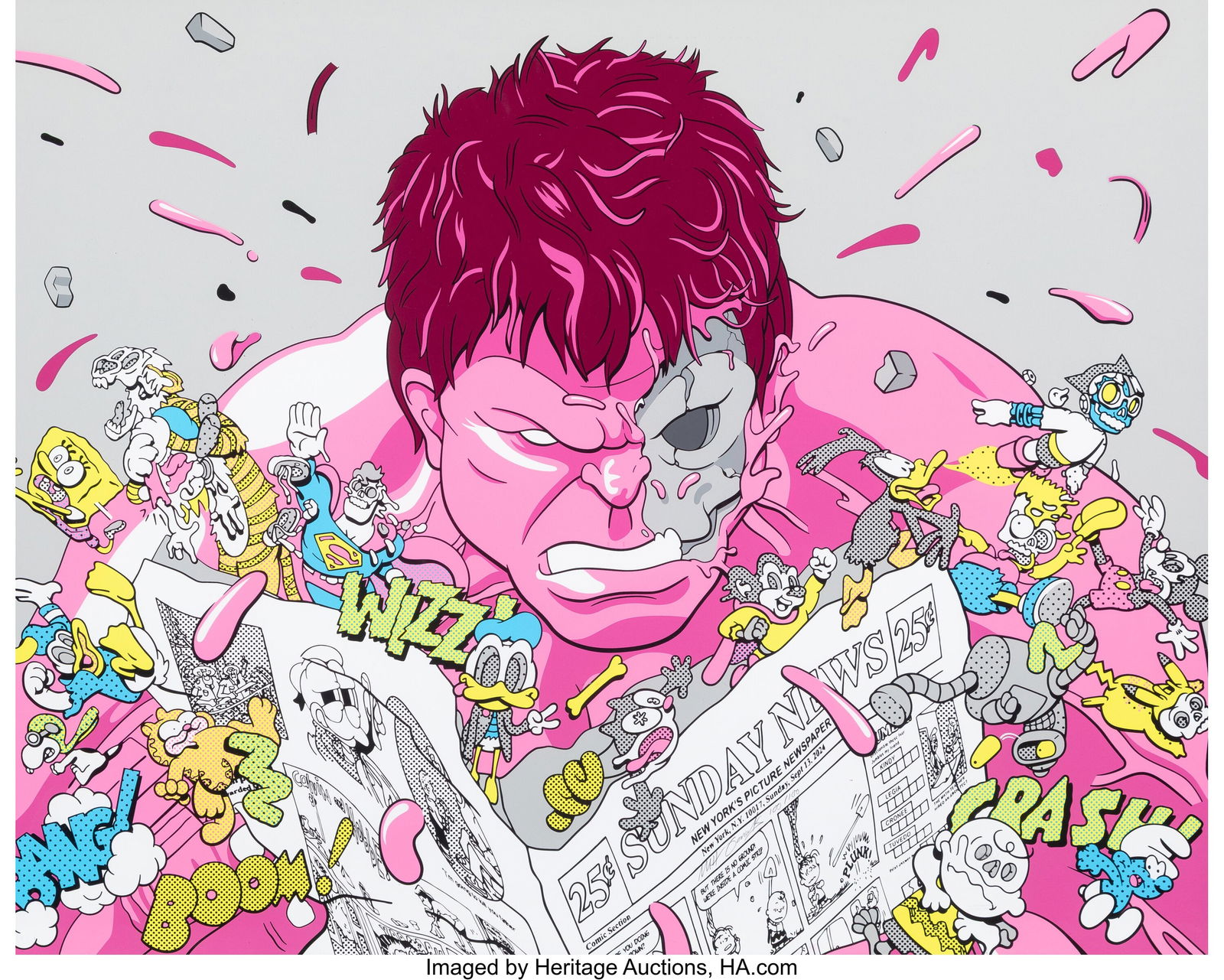 Matt Gondek (b. 1982) Pink Hulk Reading Newspape: Matt Gondek (b. 1982) Pink Hulk Reading Newspaper, 2025 Screenprint in colors on Mohawk Superfine Fine Art paper 20 x 25 inches (50.8 x 63.5 cm) (sh