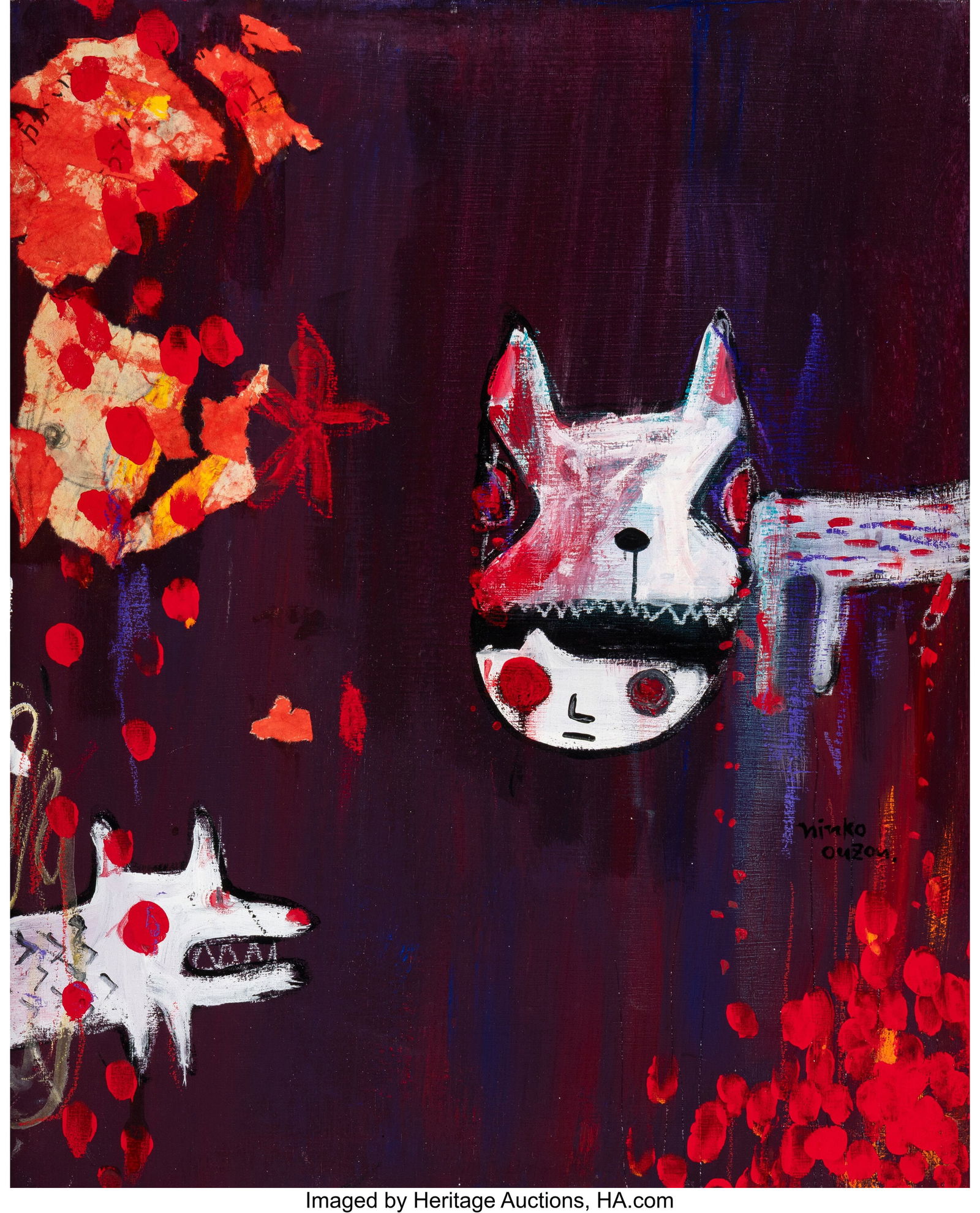 Ninko Ouzou (Japanese, 21st Century) Crying Litt: Ninko Ouzou (Japanese, 21st Century) Crying Little Boy and the Wild Dog, 2004 Acrylic and collage on panel 15-3/4 x 12-3/4 inches (40.0 x 32.4 cm)