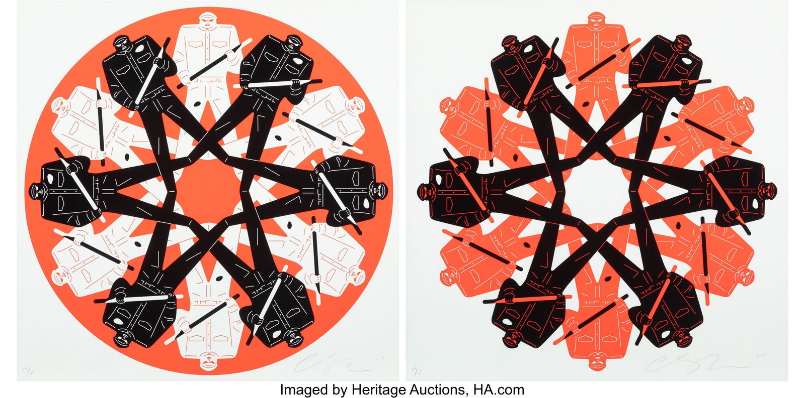 Cleon Peterson (b. 1973) Rule Of Law (Red, White: Cleon Peterson (b. 1973) Rule Of Law (Red, White) (two works), 2018 Screenprints in colors on Coventry Rag paper 28 x 28 inches (71.1 x 71&