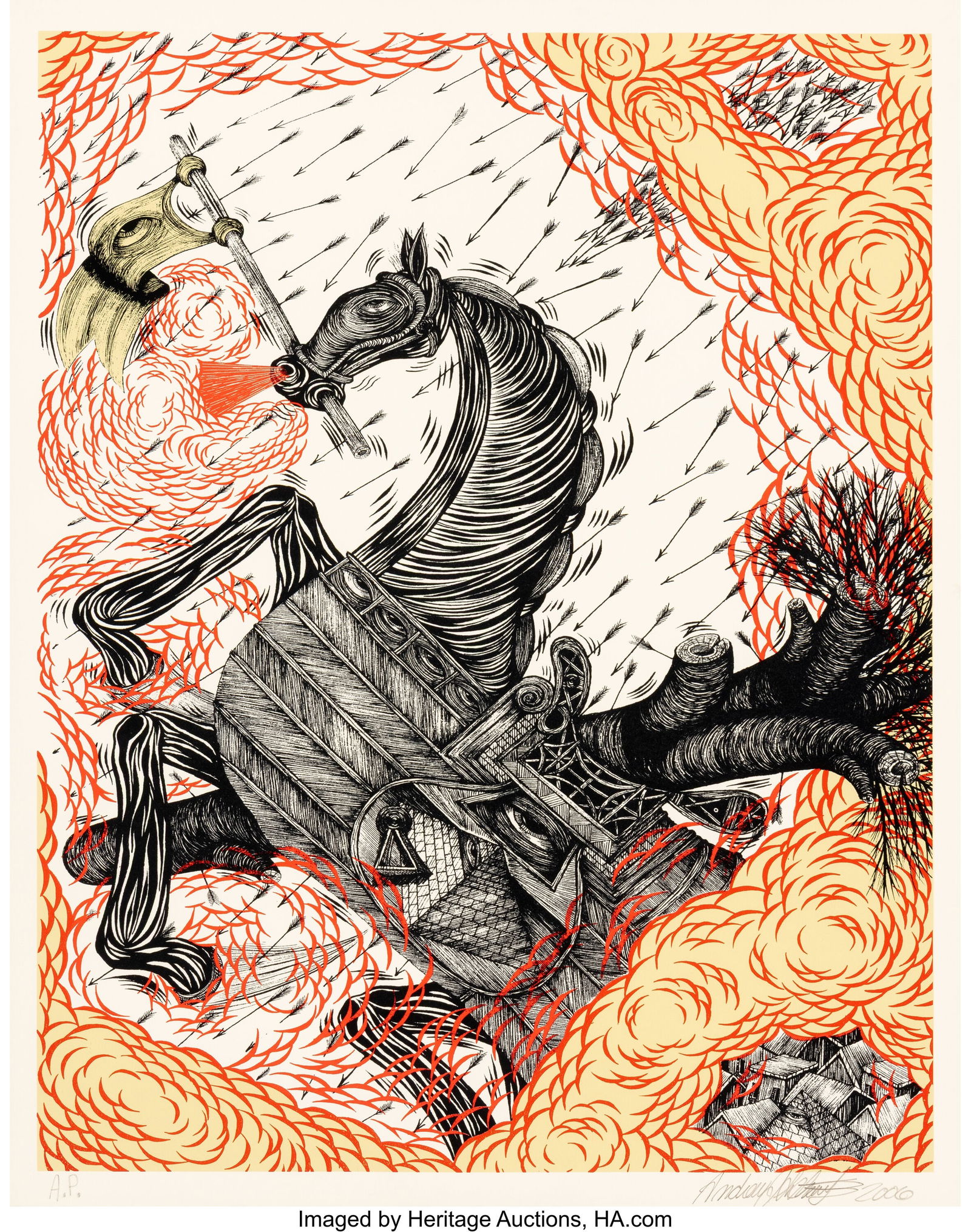 Andrew Schoultz (b. 1975) Horse Under Fire, 2006: Andrew Schoultz (b. 1975) Horse Under Fire, 2006 Screenprint in colors on wove paper 18-3/8 x 14-1/2 inches (46.7 x 36.8 cm) (image) A&