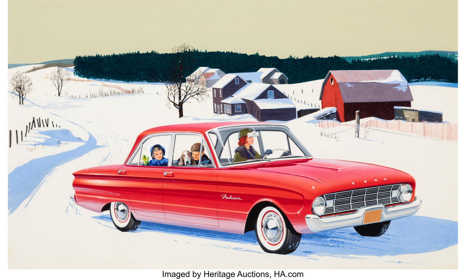 Bob Farbolin (American, 20th Century) & Jim Fett: Bob Farbolin (American, 20th Century) & Jim Fetter (American, 20th Century) Falcon in the Snow, Ford Falcon advertisement, 1960 Gouache on board 14 x 20