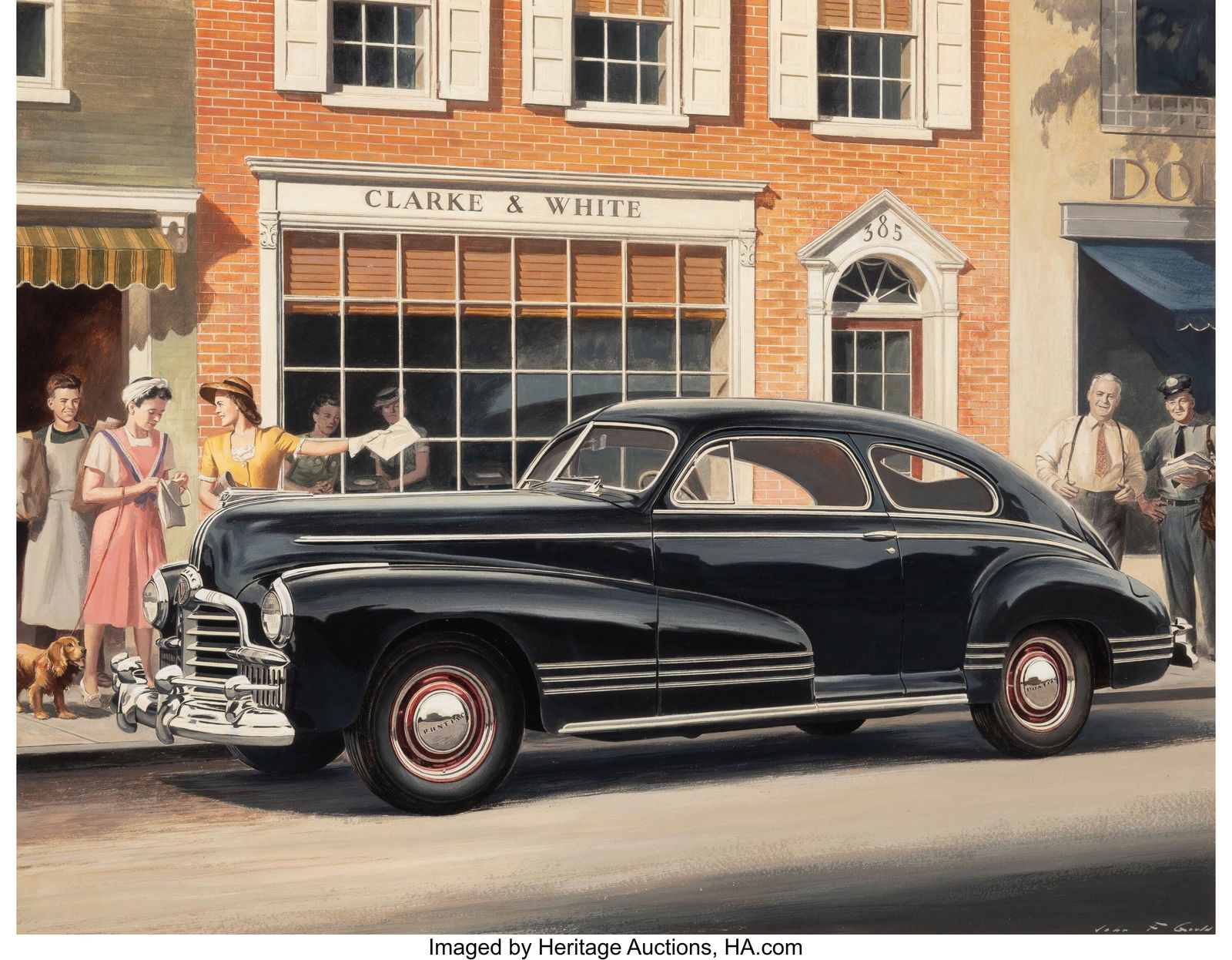 John Gould (American, 1906-1996) Pontiac adverti: John Gould (American, 1906-1996) Pontiac advertisement, 1942 Oil on board 22-1/2 x 28 inches (57.1 x 71.1 cm) (sight) Signed lower right&col