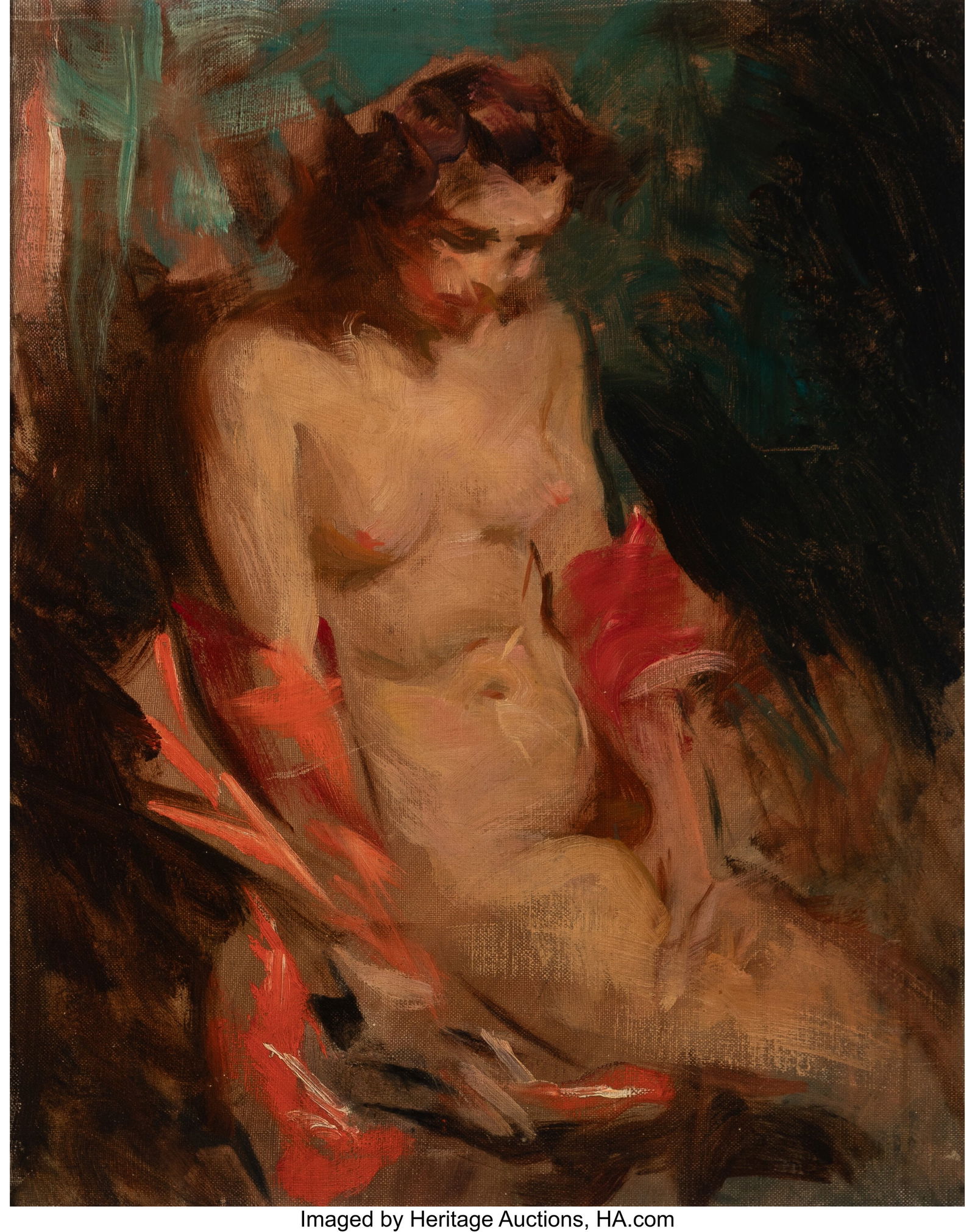 Howard Chandler Christy (American, 1872-1952) Se: Howard Chandler Christy (American, 1872-1952) Seated Nude Oil on canvas 20 x 16 inches (50.8 x 40.6 cm) Not signed The present work is accompanied by a photo co