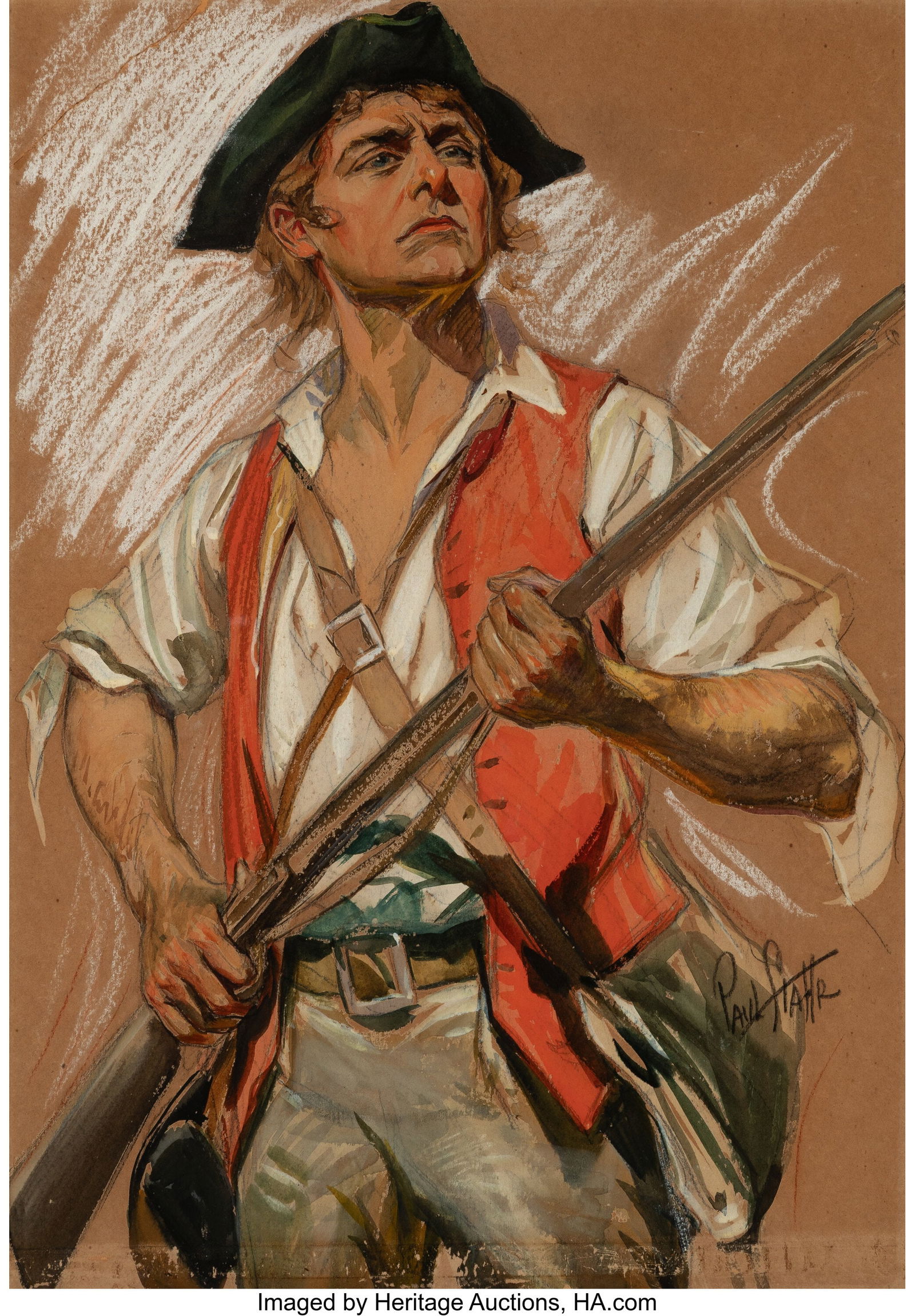 Paul C. Stahr (American, 1883-1953) The Minute M: Paul C. Stahr (American, 1883-1953) The Minute Man, The Elks magazine cover study, July 1924 Watercolor, pastel, and pencil on board 21 x 15-1/4 inch