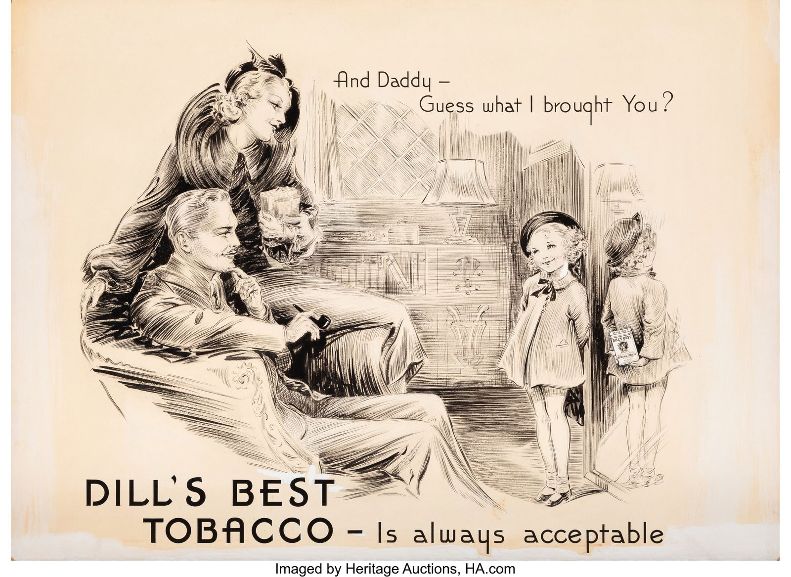 Dan Smith (American, 1865-1934) Dills Best Tobac: Dan Smith (American, 1865-1934) Dills Best Tobacco advertisement Ink on board 22 x 30 inches (55.9 x 76.2 cm) Not signed HID03101062020 © 2026 Heritage Auc