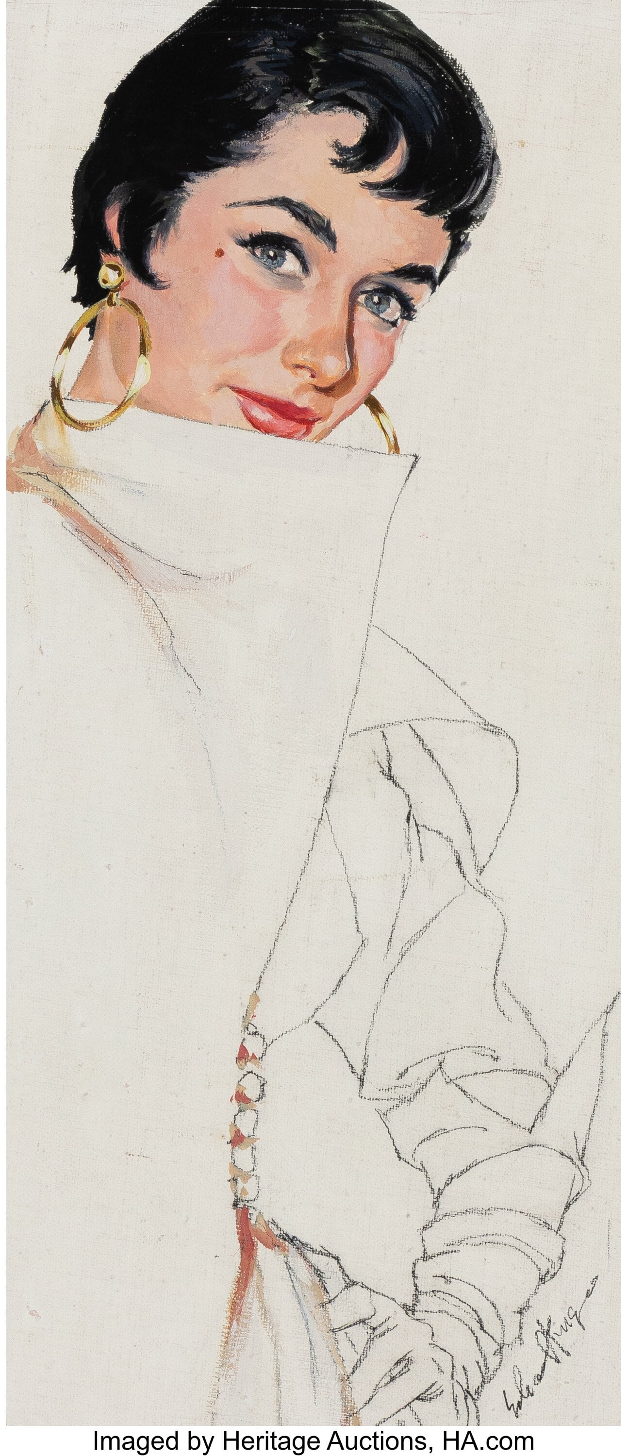 Jim Schaeffing (American, 20th Century) Brunette: Jim Schaeffing (American, 20th Century) Brunette Beauty Mixed media on canvas laid on board 15-1/2 x 7-1/2 inches (39.4 x 19.1 cm) Signed lower right&co