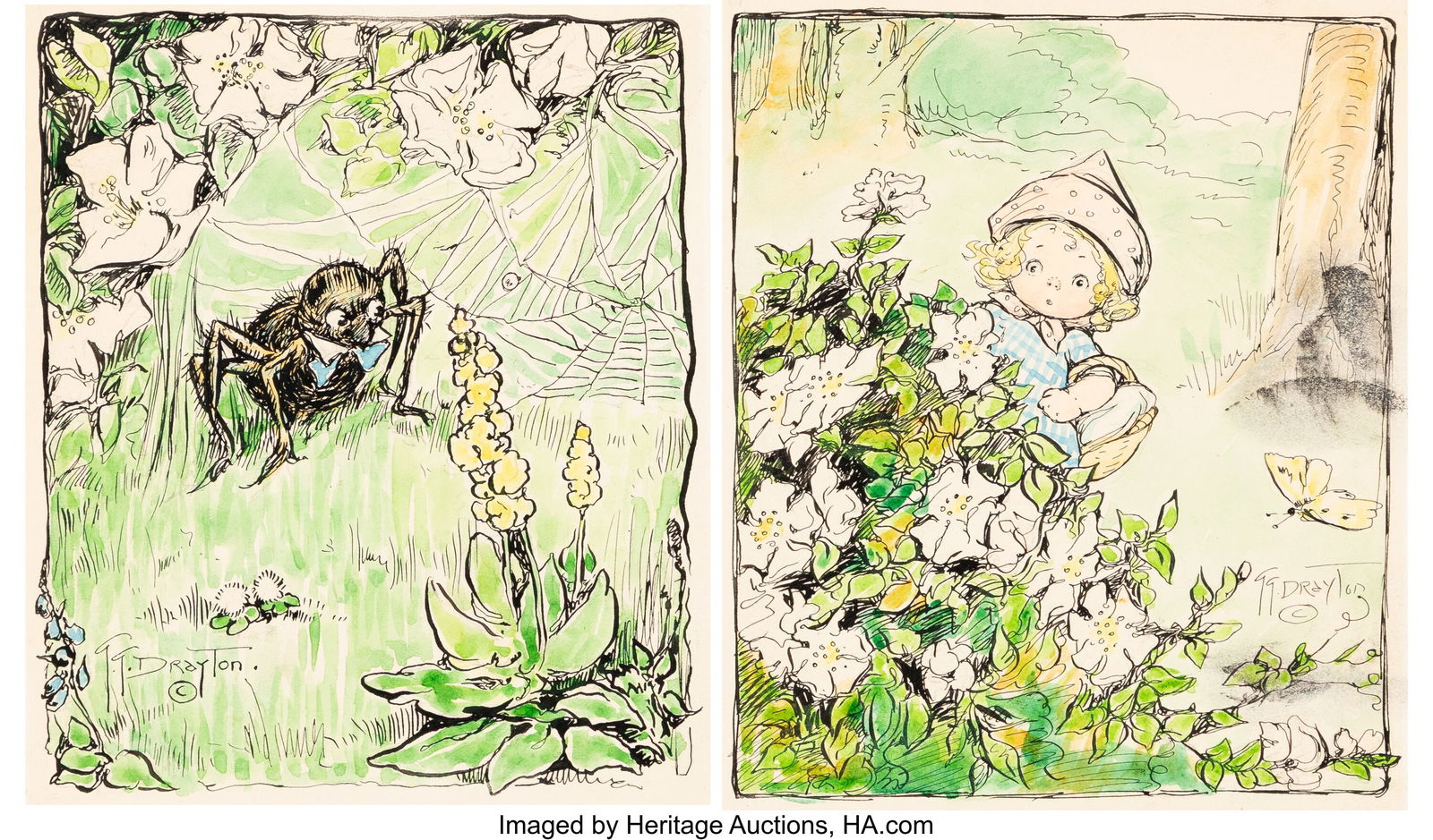 Grace Gebbie Wiederseim Drayton (American, 1877-: Grace Gebbie Wiederseim Drayton (American, 1877-1936) Bettina's Bonnet children's book interiors (pair), 1915 Watercolor and ink on paper 6-3/8 x 5-1/2 inches &