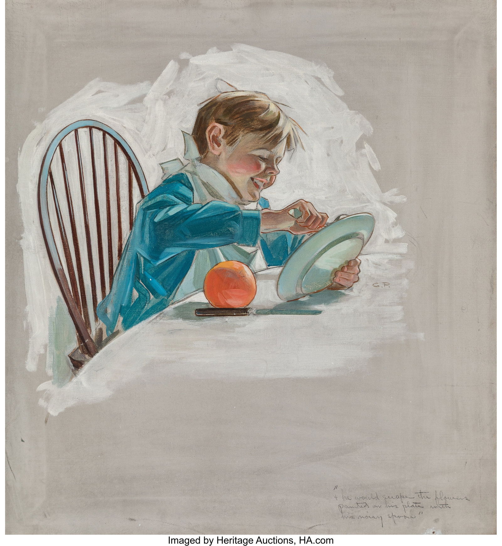 Cushman Parker (American, 1881-1940) Boy Finishi: Cushman Parker (American, 1881-1940) Boy Finishing His Soup Oil on canvas 19-3/4 x 18 inches (50.2 x 45.7 cm) Initialed center right: G. P&peri