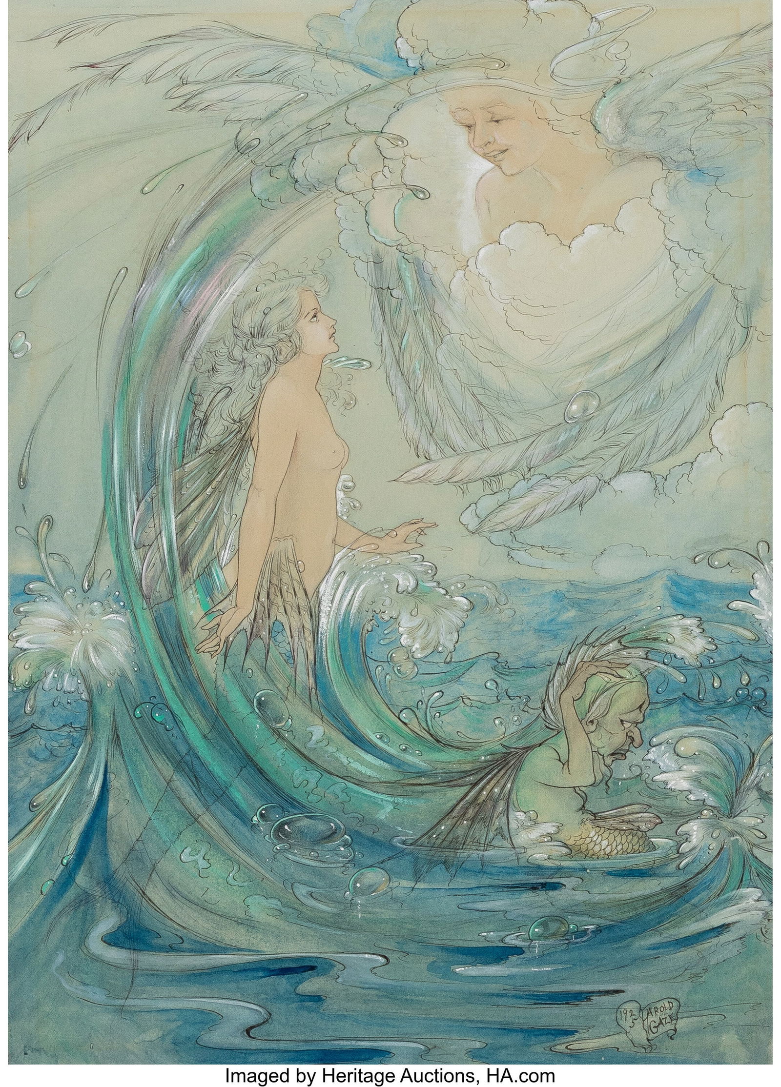 Harold Gaze (American, 1884-1963) Mermaid and Ze: Harold Gaze (American, 1884-1963) Mermaid and Zephyr, 1925 Watercolor and ink on paper laid on board 12-1/2 x 8-7/8 inches (31.8 x 22.5 cm) (