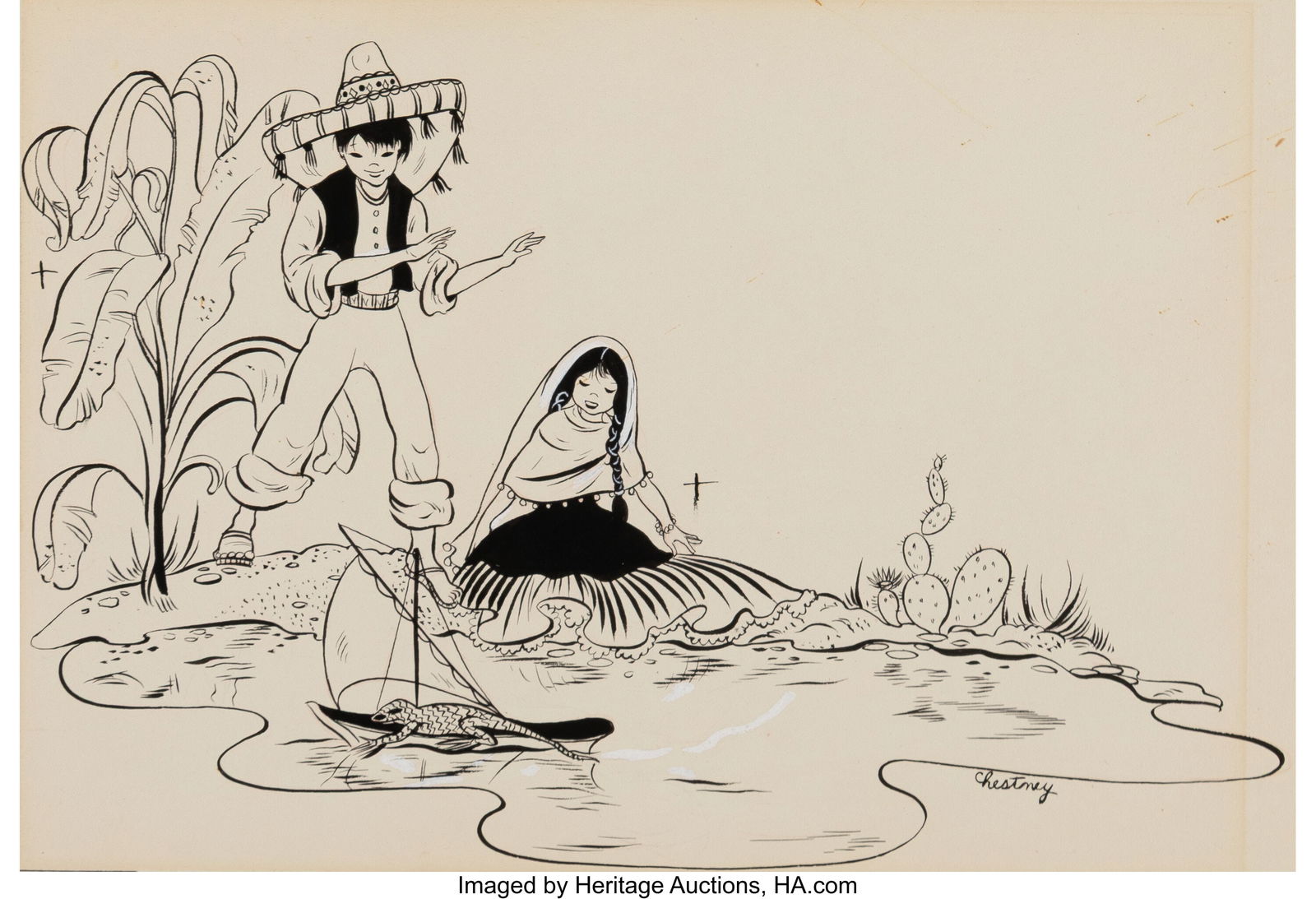 Lillian Chestney (American, 1913-2000) Children: Lillian Chestney (American, 1913-2000) Children by the River, 1943 Ink on board 13-1/2 x 18-1/2 inches (34.3 x 47.0 cm) Signed lower right: