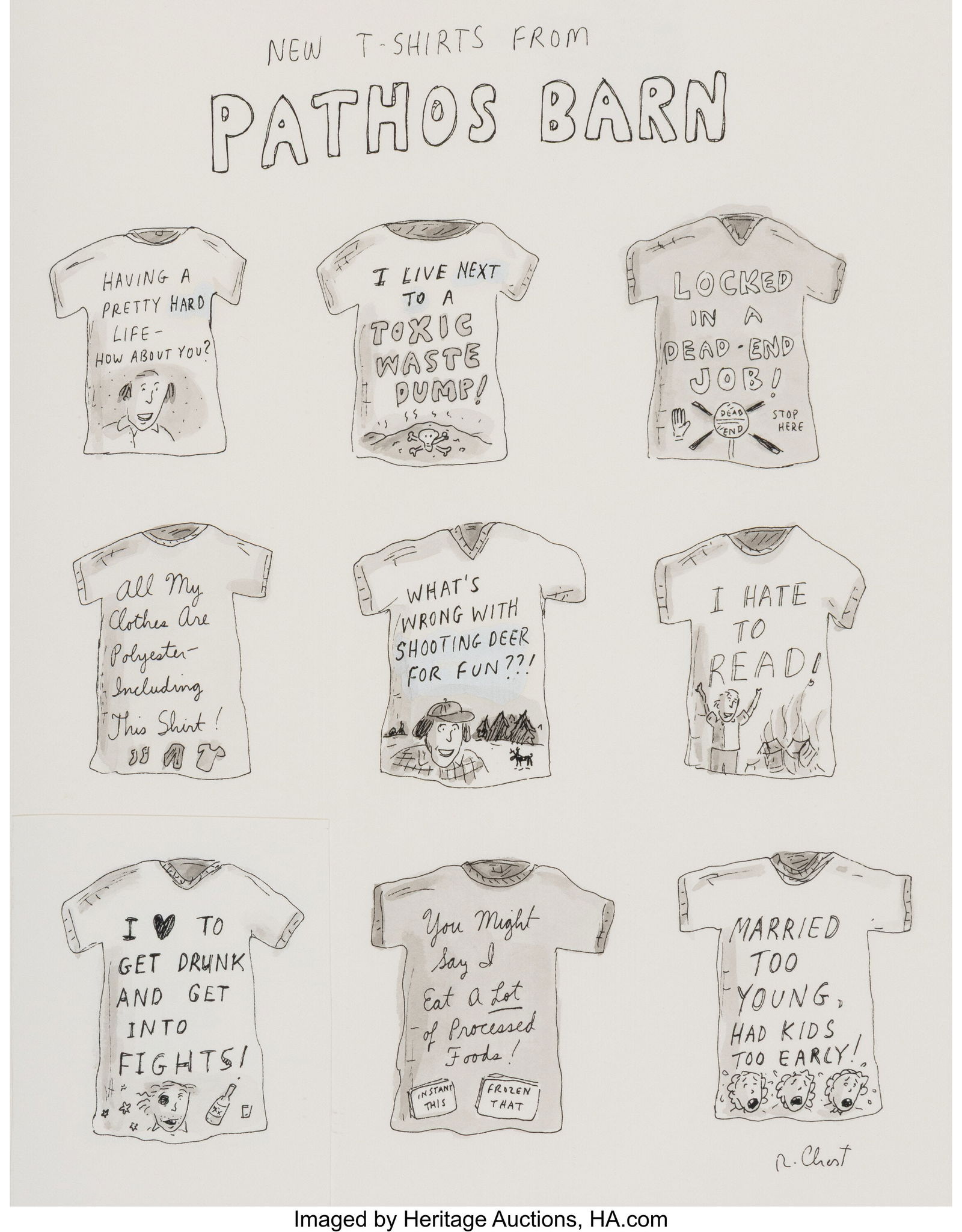 Roz Chast (American, b. 1954) New T-Shirts from: Roz Chast (American, b. 1954) New T-Shirts from Pathos Barn, October 1988 Ink and watercolor on paper with element of collage 12 x 9 inches (30.5 x 22.9