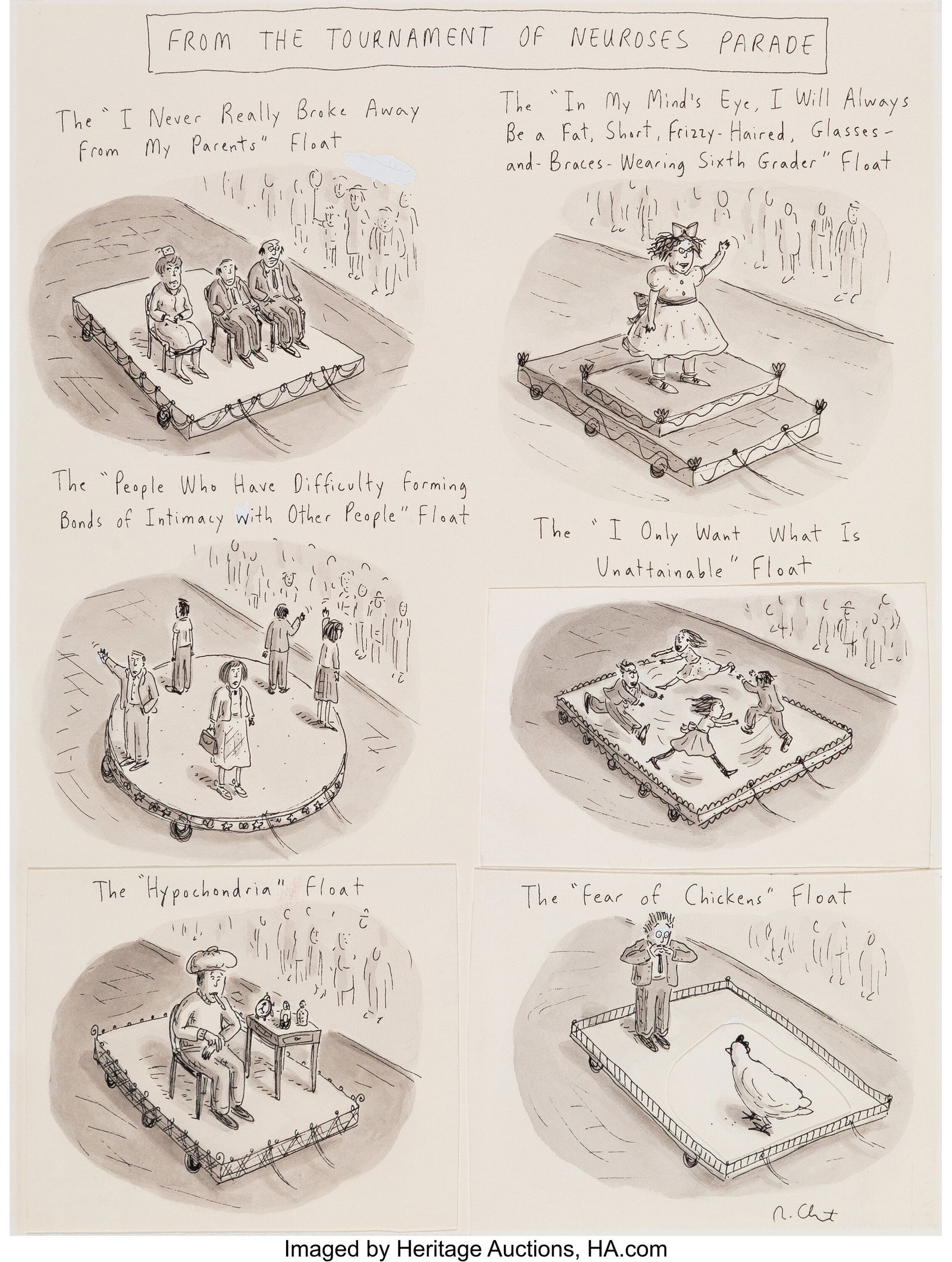 Roz Chast (American, b. 1954) From the Tournamen: Roz Chast (American, b. 1954) From the Tournament of Neuroses Parade, New Yorker cartoon, April 17, 1989 Ink and wash on paper with collage 11-7/8 x 9 inch