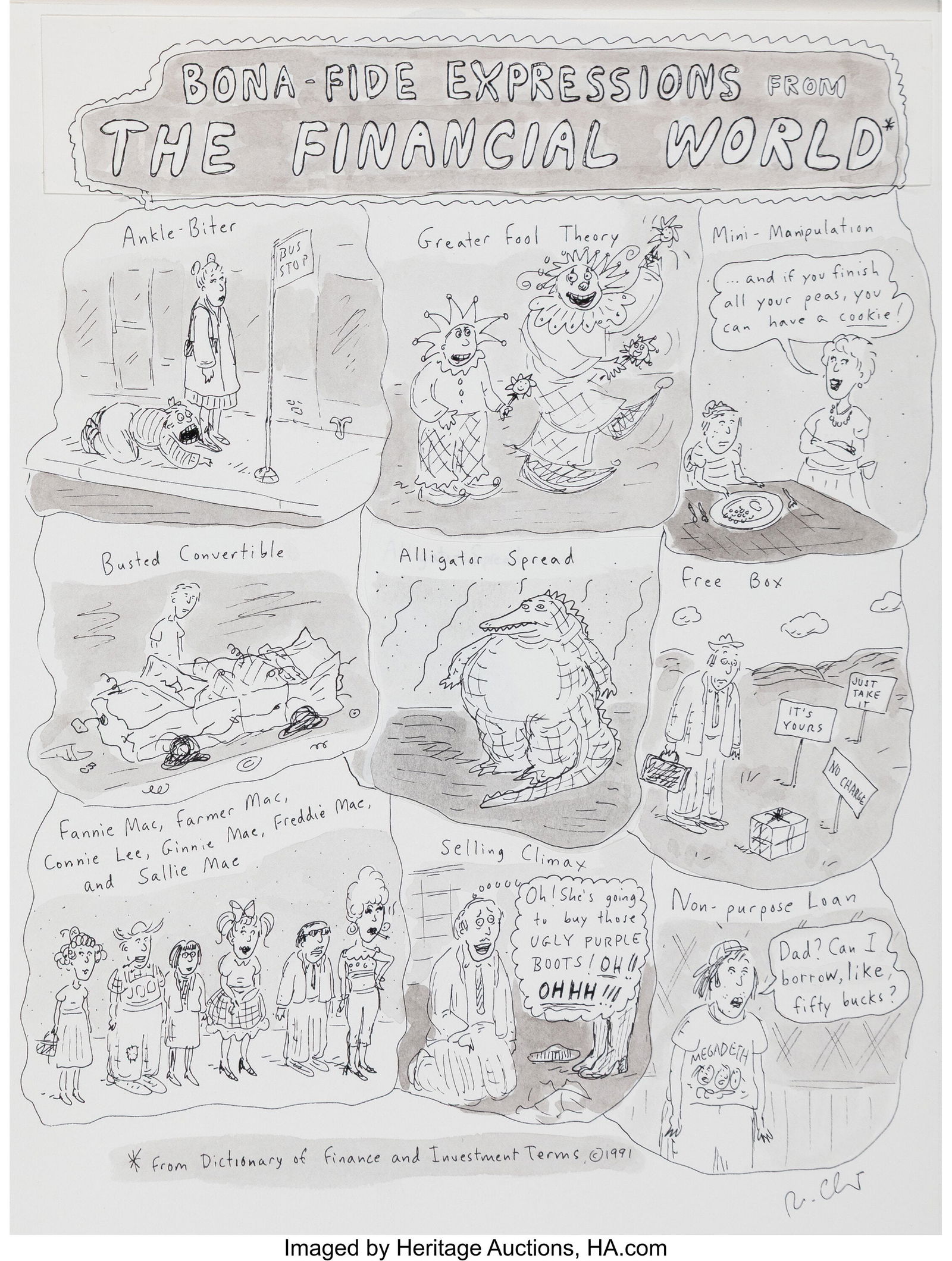 Roz Chast (American, b. 1954) Bona-Fide Expressi: Roz Chast (American, b. 1954) Bona-Fide Expressions from the Financial World, 1995 Ink and wash on paper with collage 12 x 9 inches (30.5 x 22.9 cm&rpar