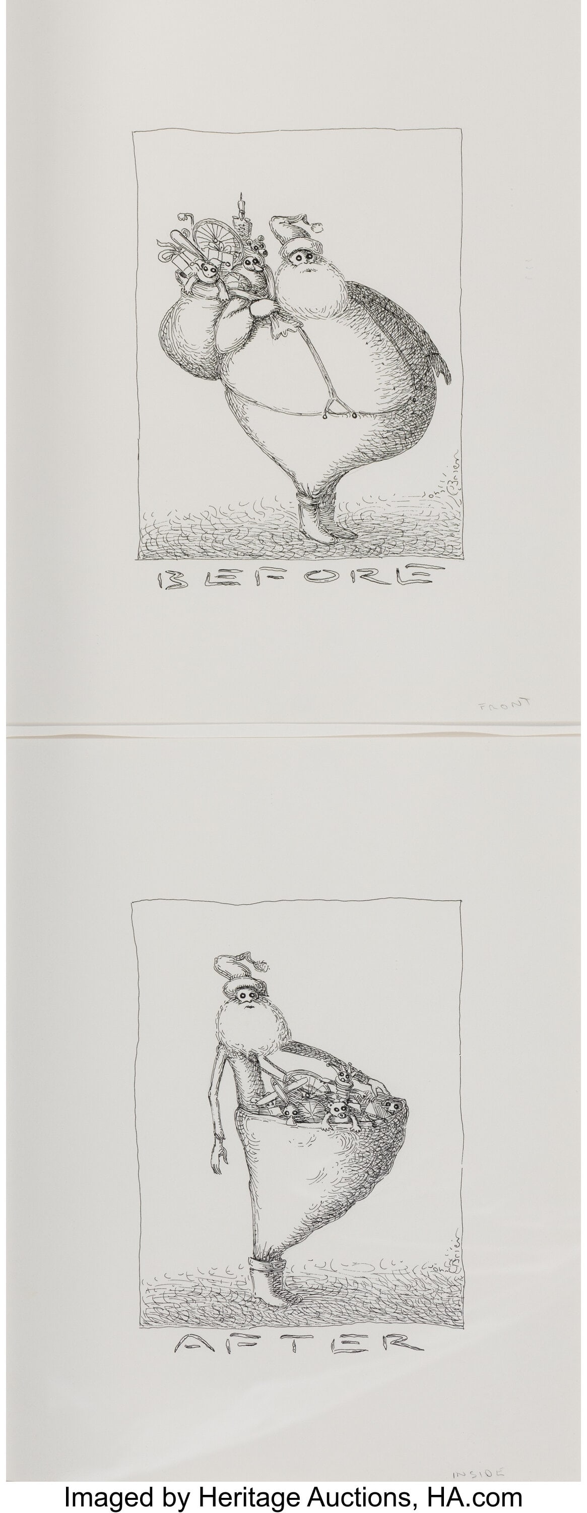 John O'Brien (American, b. 1953) Santa Before an: John O'Brien (American, b. 1953) Santa Before and After (two works), 2000 Ink on paper 14 x 11 inches (35.6 x 27.9 cm) (each,
