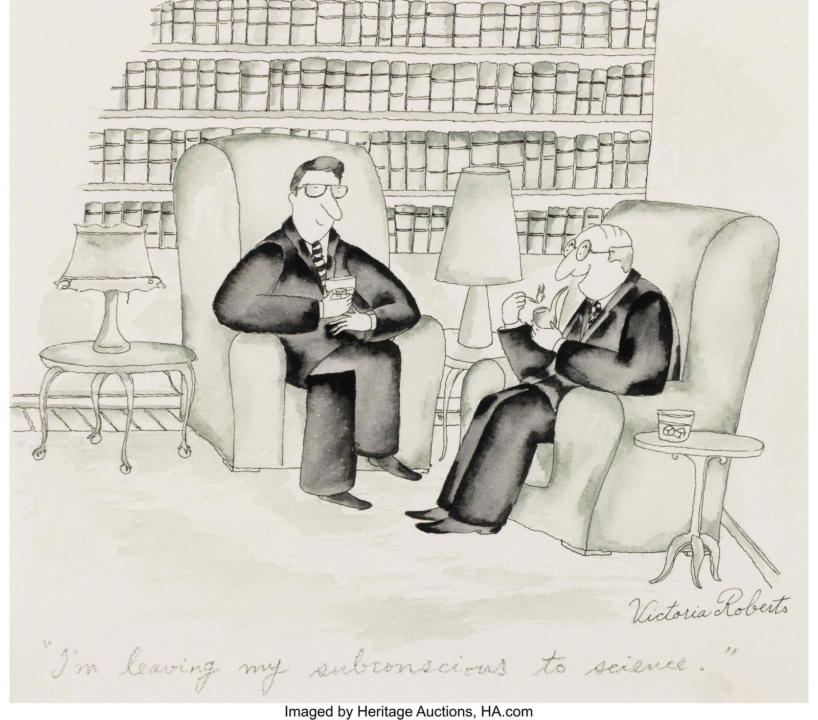 Victoria Roberts (American, b. 1957) I'm Leaving: Victoria Roberts (American, b. 1957) I'm Leaving My Subconscious to Science, New Yorker cartoon, March 19, 1990 Ink and watercolor on paper 7-3/4 x 9 inche