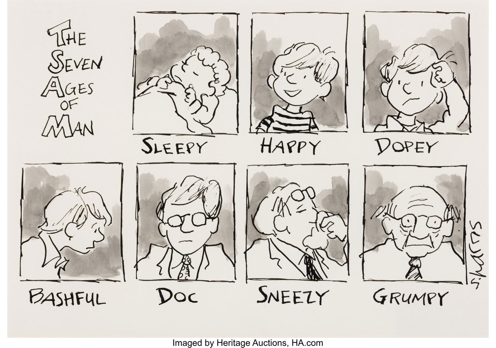 Sidney Harris (American, b. 1933) The Seven Ages: Sidney Harris (American, b. 1933) The Seven Ages of Man, New Yorker cartoon, April 11, 1994 Ink on paper 9-1/2 x 12-1/2 inches (24.1 x 31&p