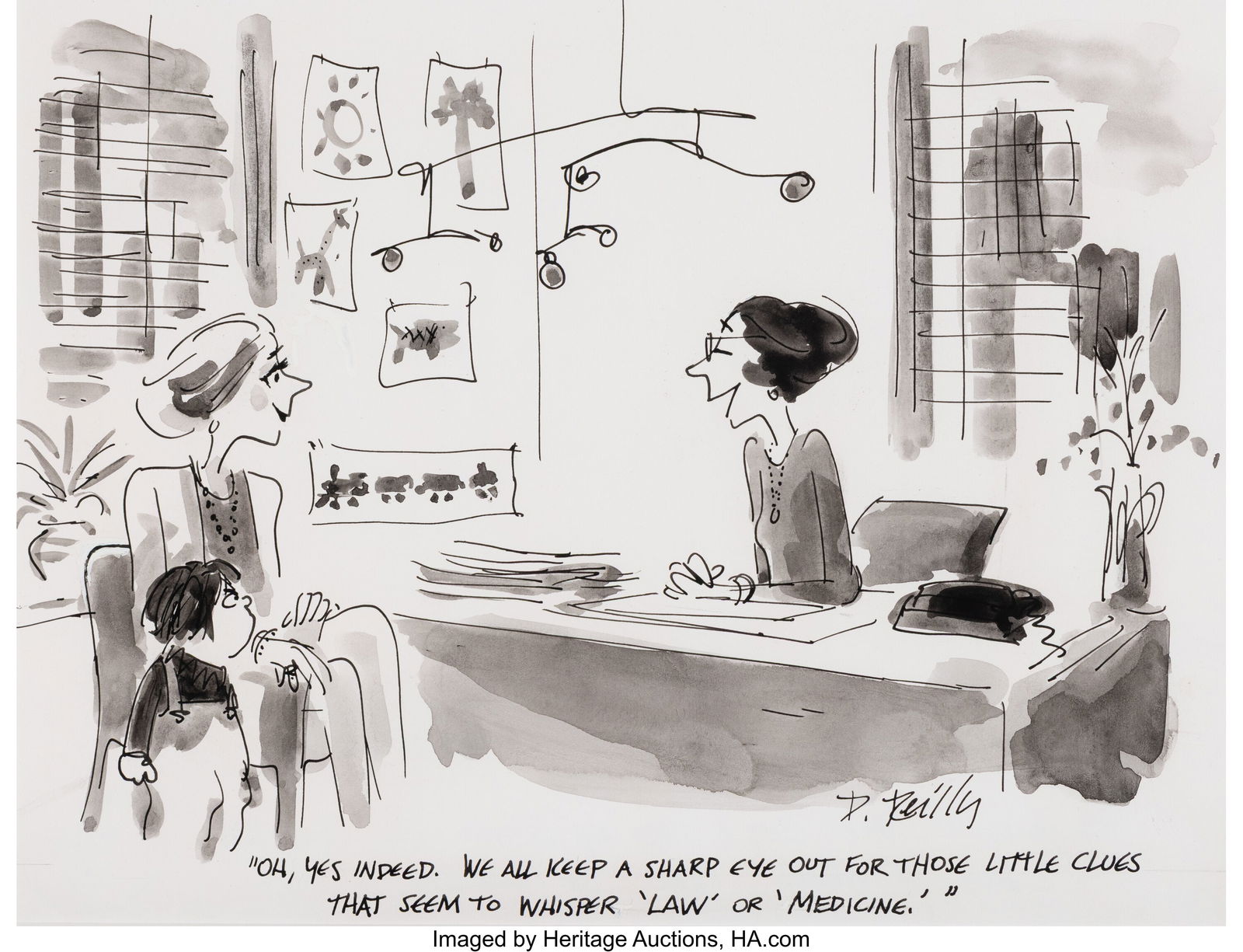 Donald Reilly (American, 1933-2006) Little Clues: Donald Reilly (American, 1933-2006) Little Clues that Seem to Whisper Law or Medicine, New Yorker cartoon, October 24, 1994 Ink and watercolor on paper 11 x 14 inches