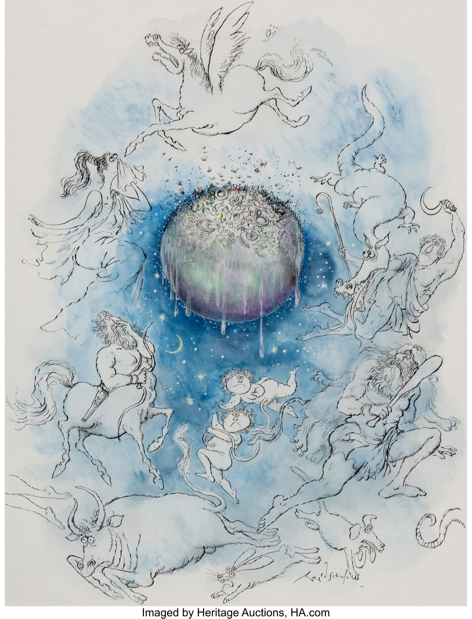 Ronald William Fordham Searle (British, 1920-201: Ronald William Fordham Searle (British, 1920-2011) Garbage Ink and watercolor on board 19 x 14-1/2 inches (48.3 x 36.8 cm) (sight) Signed lower ce