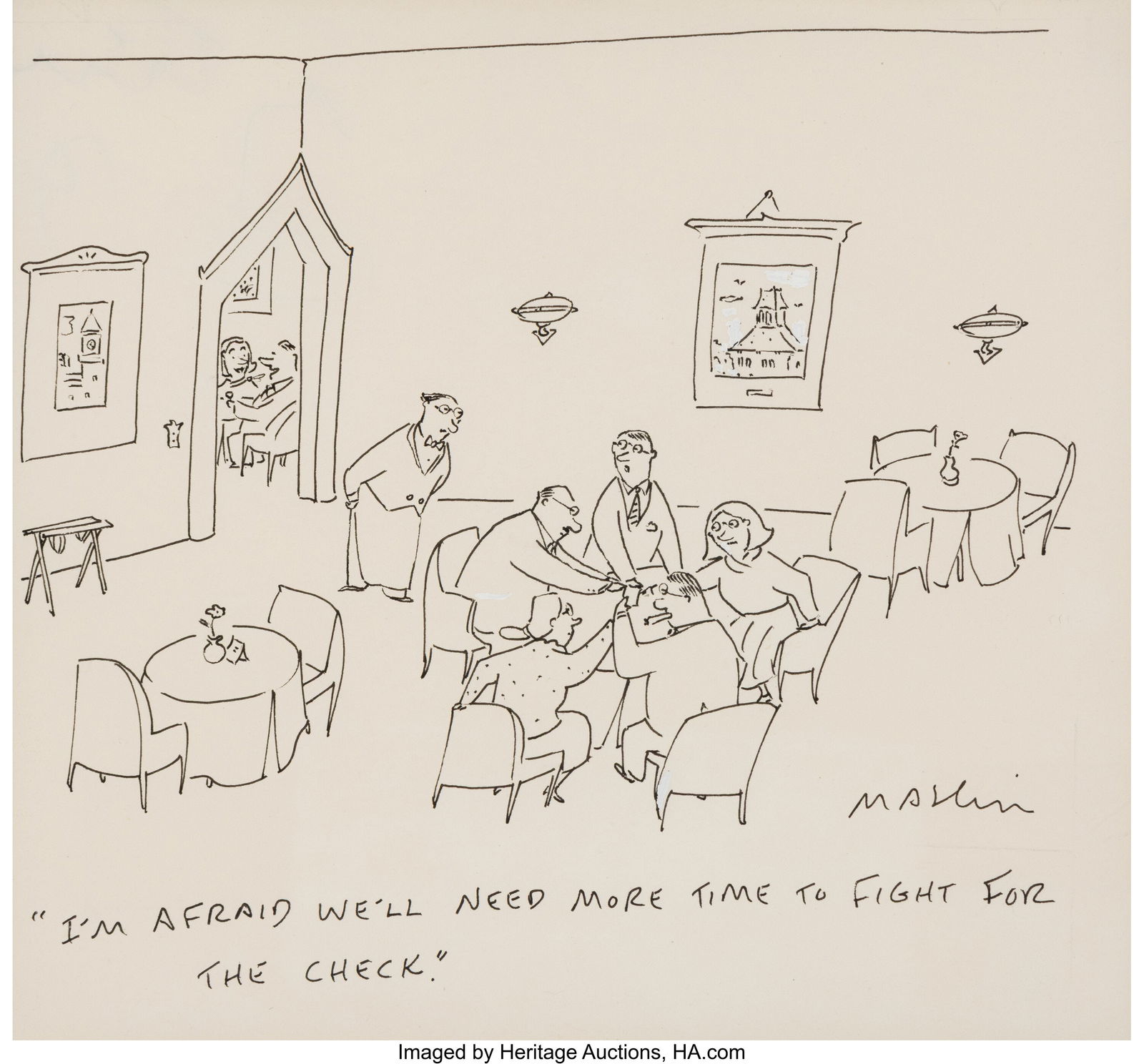 Michael Maslin (American, b. 1946) I'm Afraid We: Michael Maslin (American, b. 1946) I'm Afraid We'll Need More Time..., New Yorker cartoon, July 13, 1987 Ink on paper 6-1/2 x 6-3/