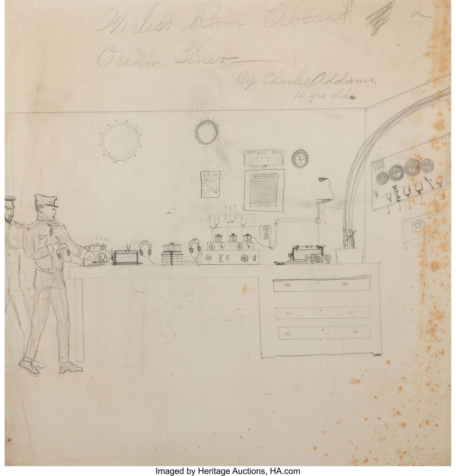 Charles Addams (American, 1912-1988) Wireless Ro: Charles Addams (American, 1912-1988) Wireless Room Aboard Ocean Liner (double-sided), circa 1922 Pencil on paper 12 x 12-1/2 inches (30.5 x 31.8