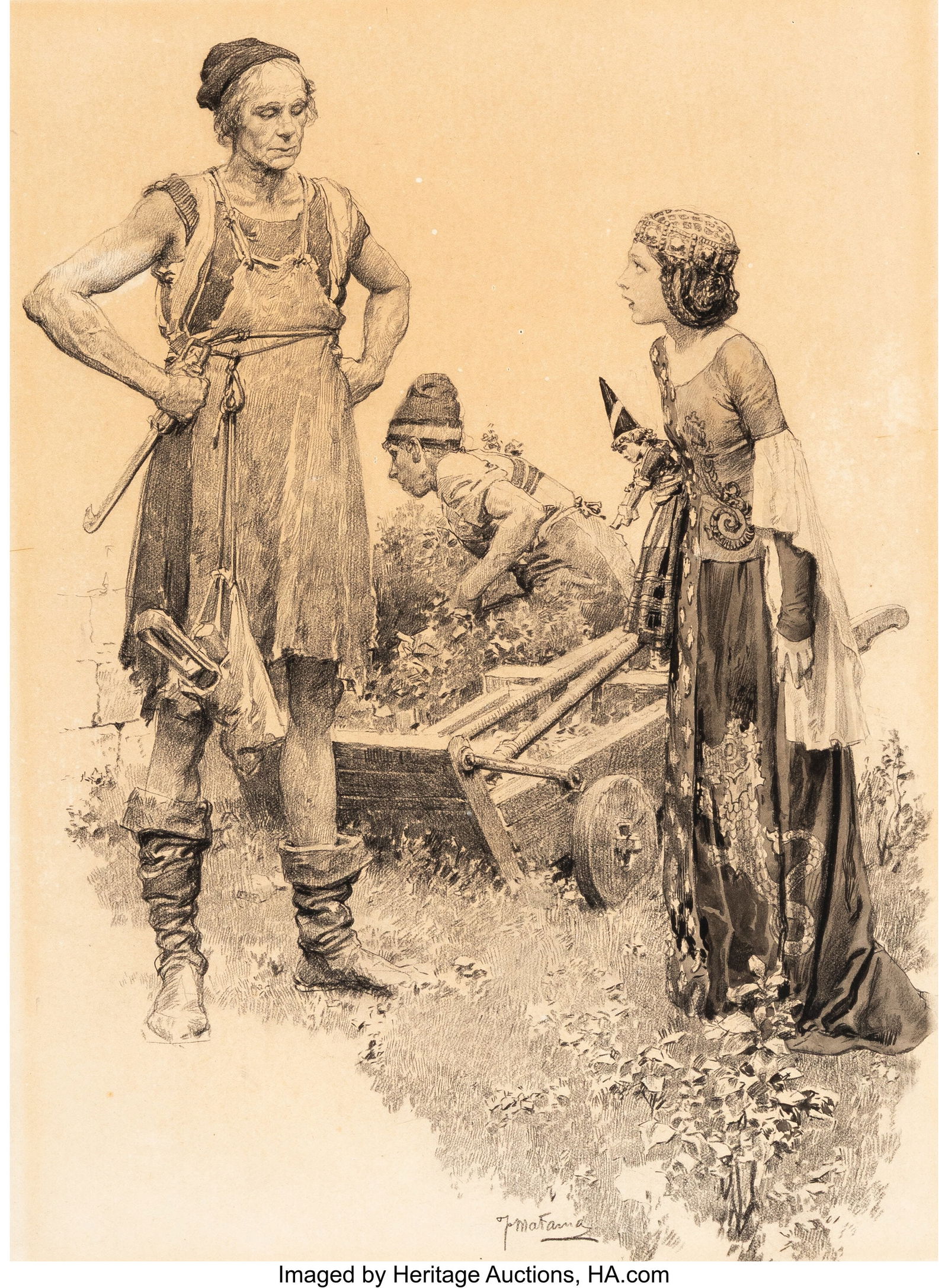 Fortunino Matania (Italian, 1881-1963) Isabel, W: Fortunino Matania (Italian, 1881-1963) Isabel, Wife of Richard II and the Gardener, London Magazine interior Pencil and watercolor on board 14-1/2 x 10-7/8 inches &