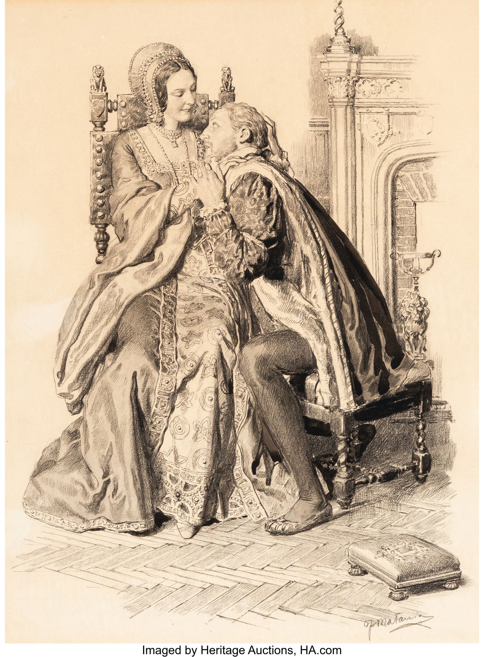 Fortunino Matania (Italian, 1881-1963) Anne Bole: Fortunino Matania (Italian, 1881-1963) Anne Boleyn and Lord Henry Percy Pencil and watercolor on board 14-1/2 x 10-5/8 inches (36.8 x 27.0 cm) Signed lo