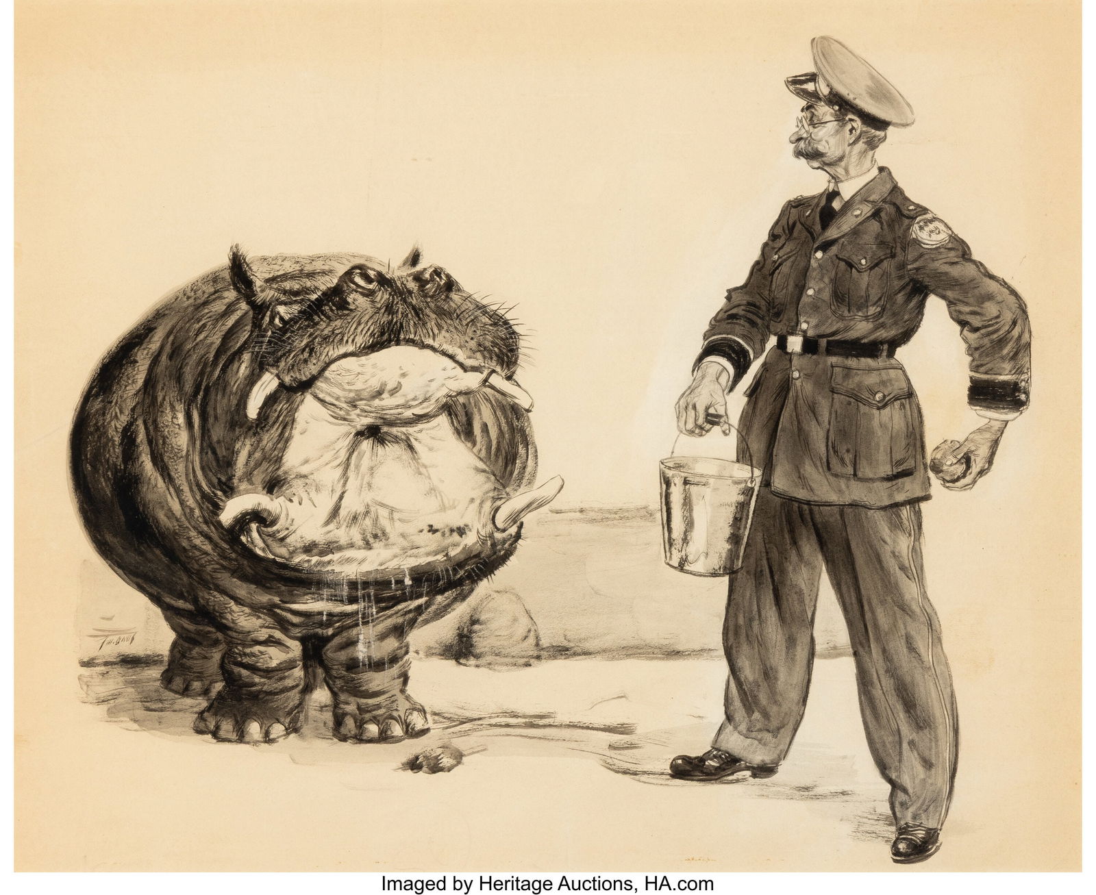 Floyd MacMillan Davis (American, 1896-1966) Hipp: Floyd MacMillan Davis (American, 1896-1966) Hippo, Saturday Evening Post interior Ink on board 17-1/2 x 20 inches (44.5 x 50.8 cm) Signed center left&