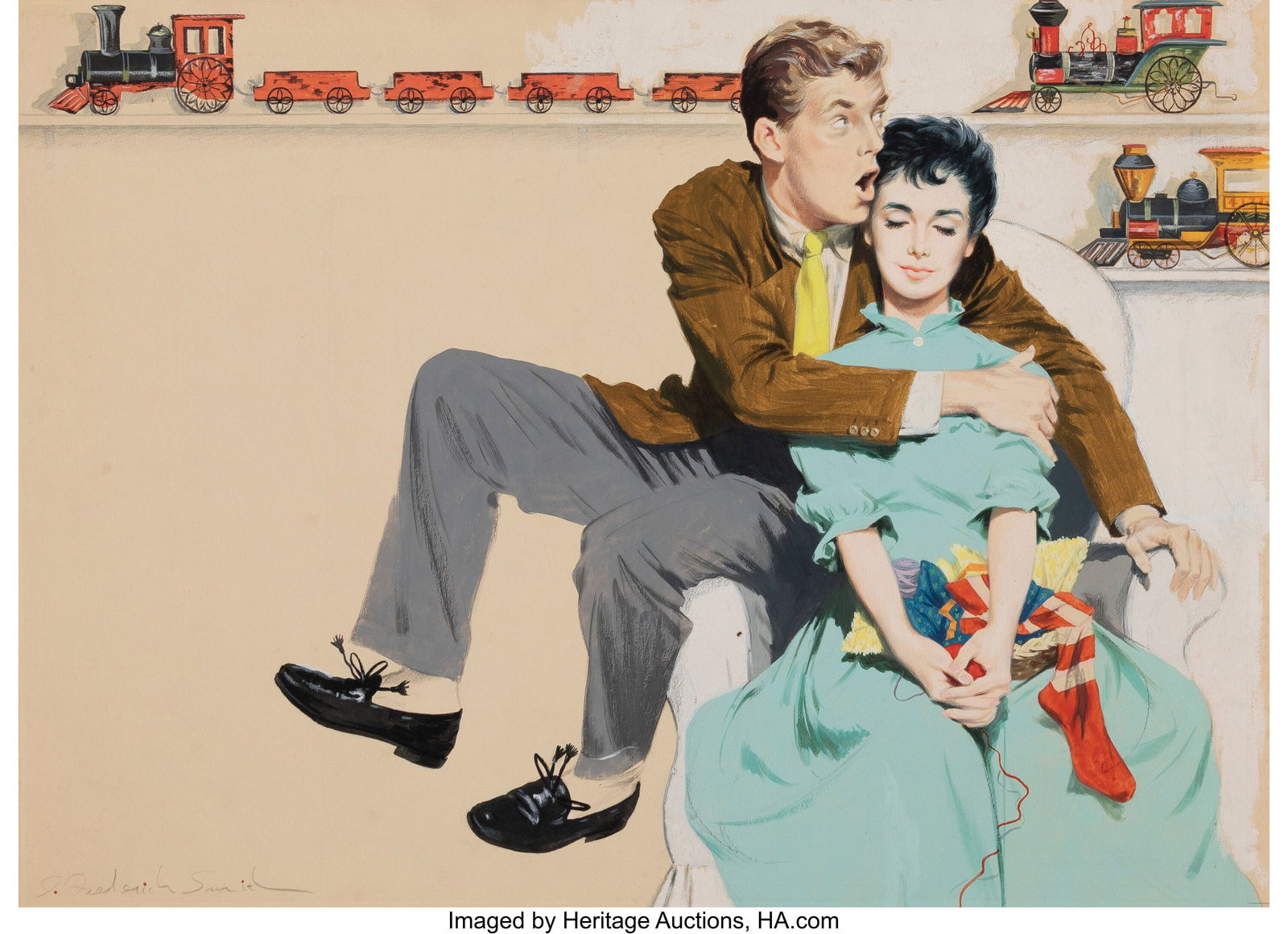 J. Frederick Smith (American, 20th Century) Cosm: J. Frederick Smith (American, 20th Century) Cosmopolitan interior, 1950 Gouache on board 20 x 26-1/2 inches (50.8 x 67.3 cm) Signed lower left&