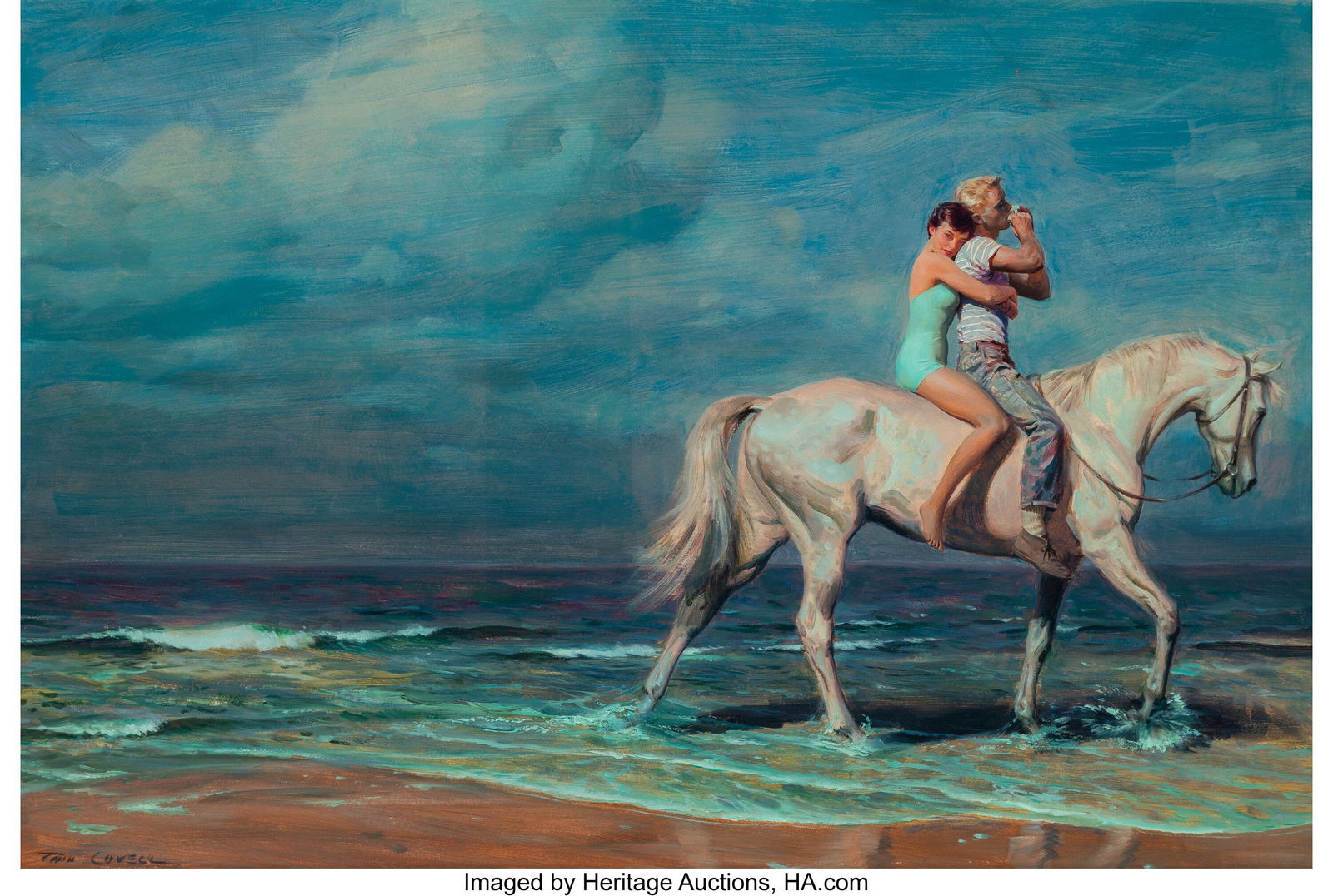 Tom Lovell (American, 1909-1997) Blue Coast, mag: Tom Lovell (American, 1909-1997) Blue Coast, magazine interior Oil on board 20-1/2 x 30 inches (52.1 x 76.2 cm) Signed lower left: Tom Lovell PR