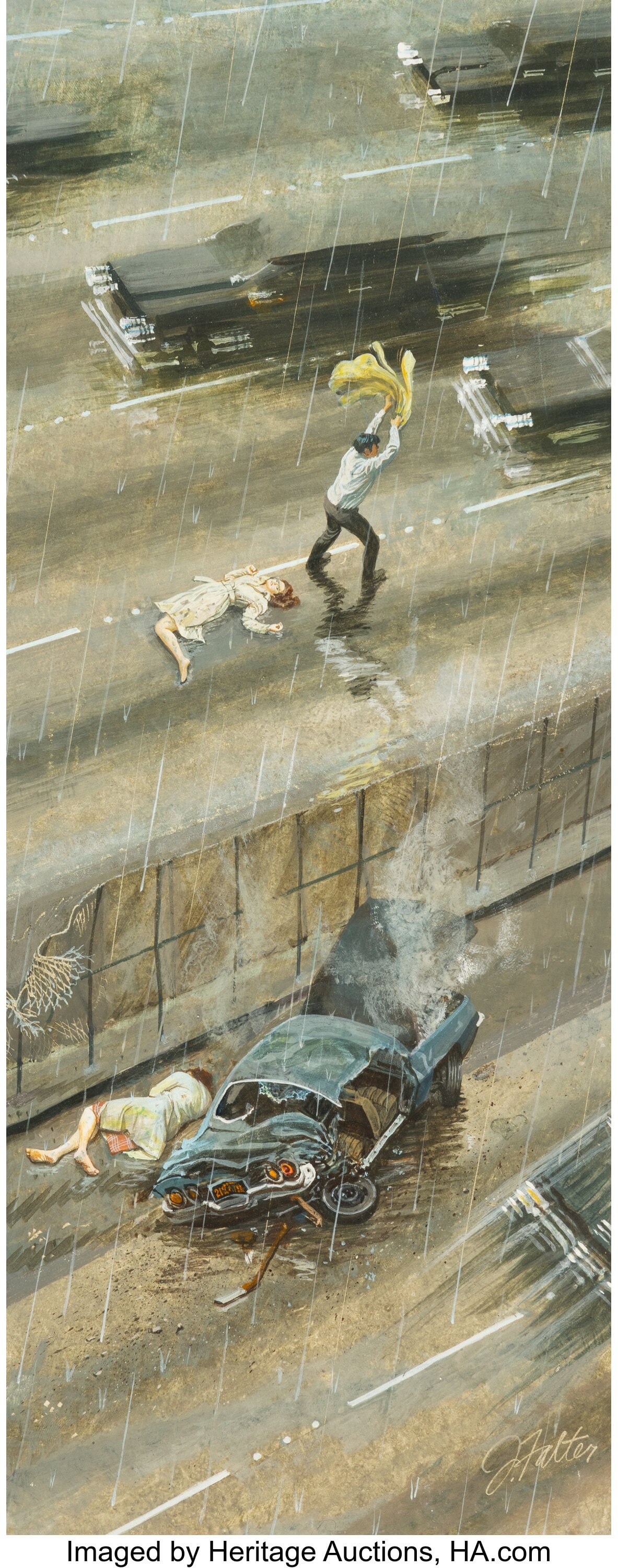 John Philip Falter (American, 1910-1982) Rescue: John Philip Falter (American, 1910-1982) Rescue on the Freeway, magazine interior, May 1970 Gouache on board 21 x 11 inches (53.3 x 27.9 cm) Signed