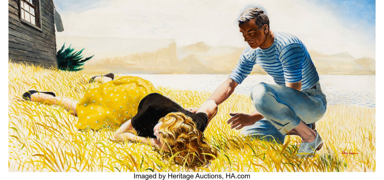 George Hughes (American, 1907-1990) The Anonymou: George Hughes (American, 1907-1990) The Anonymous Letter, Woman's Day magazine interior, July 1955 Oil on canvas 15 x 30 inches (38.1 x 76.2 cm) Sig