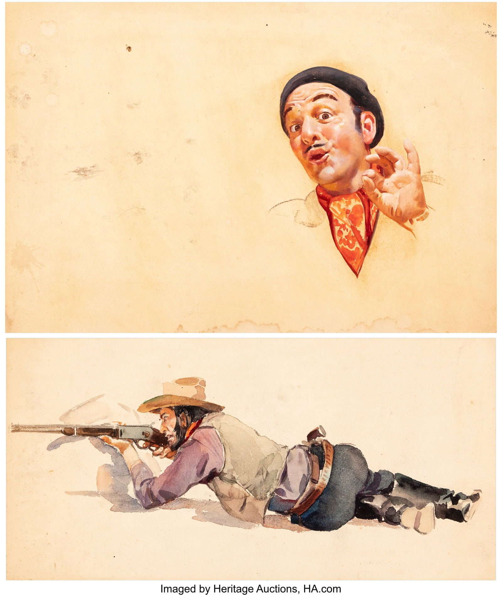 Clyde Asplundh (American, 20th Century) French M: Clyde Asplundh (American, 20th Century) French Man; Cowboy (two works) Watercolor on paper 14 x 20-1/4 inches (35.6 x 51.4 cm) Not signed HID