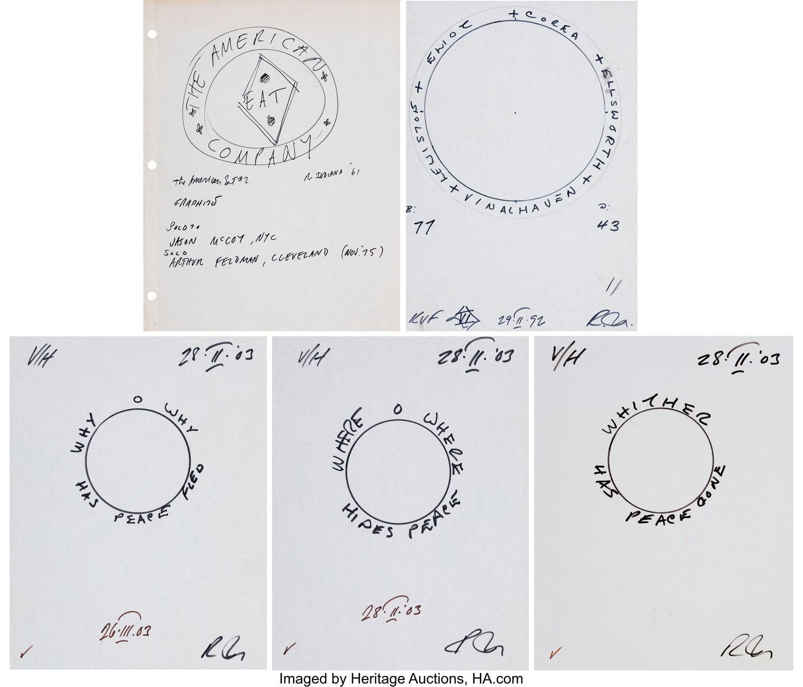 Robert Indiana (1928-2018) Group of Five Studies: Robert Indiana (1928-2018) Group of Five Studies Ink on paper 11 x 8-1/2 inches (27.9 x 21.6 cm) (each sheet) Four signed lower right corner Lot include