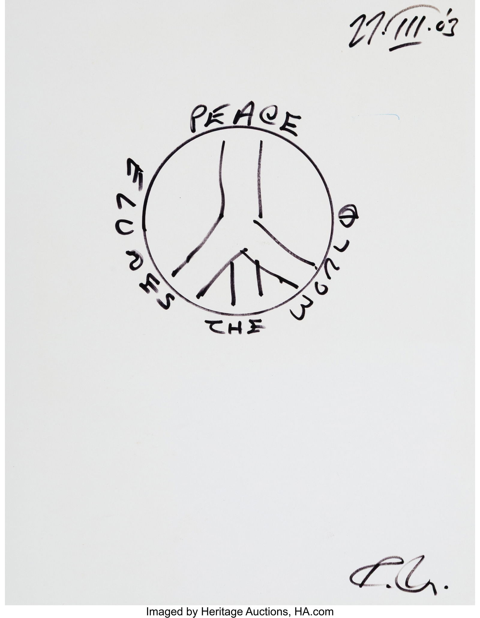 Robert Indiana (1928-2018) Peace Eludes the Worl: Robert Indiana (1928-2018) Peace Eludes the World (study), 2003 Ink on paper 11 x 8-1/2 inches (27.9 x 21.6 cm) (sheet) Signed in ink lo