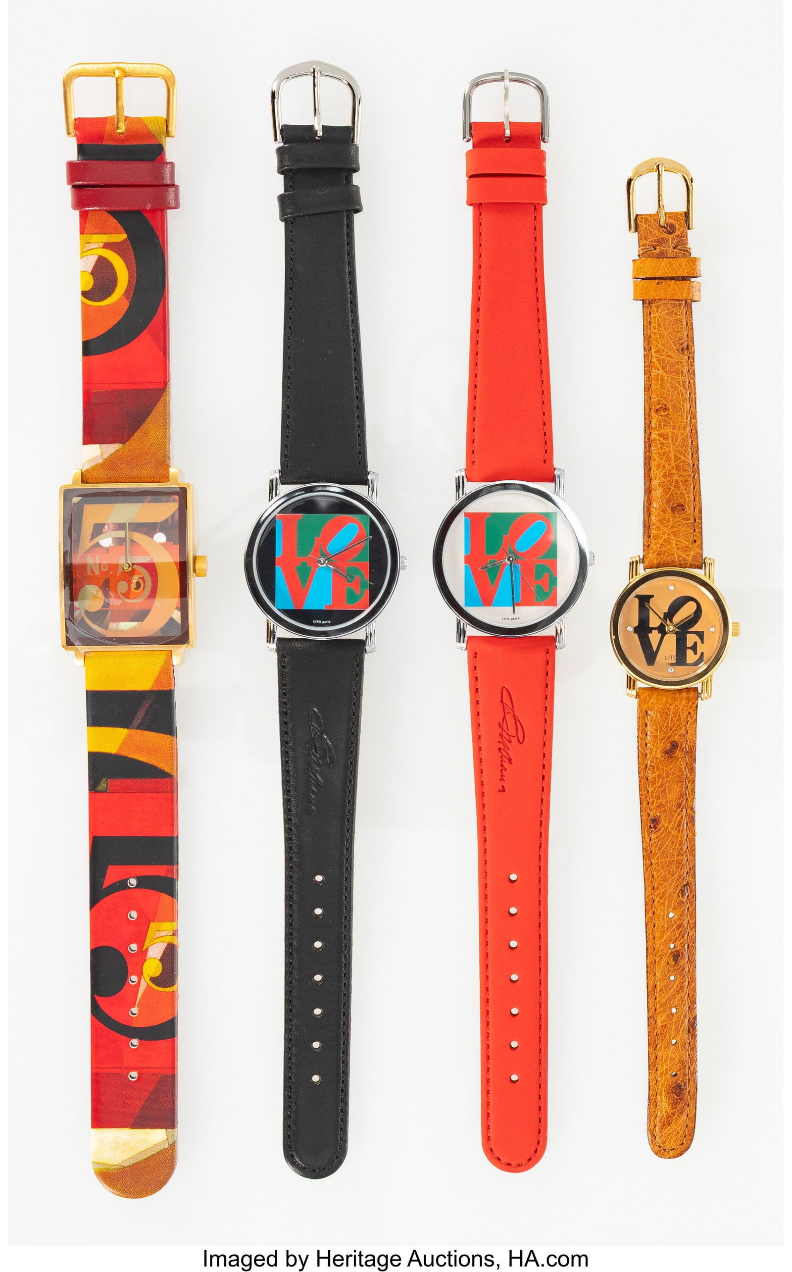 Set of Four Robert Indiana Watches Dimensions va: Set of Four Robert Indiana Watches Dimensions vary Signed and inscribed on two boxes HID03101062020 © 2026 Heritage Auctions | All Rights Reserved www.HA.com/TexasAuctionee