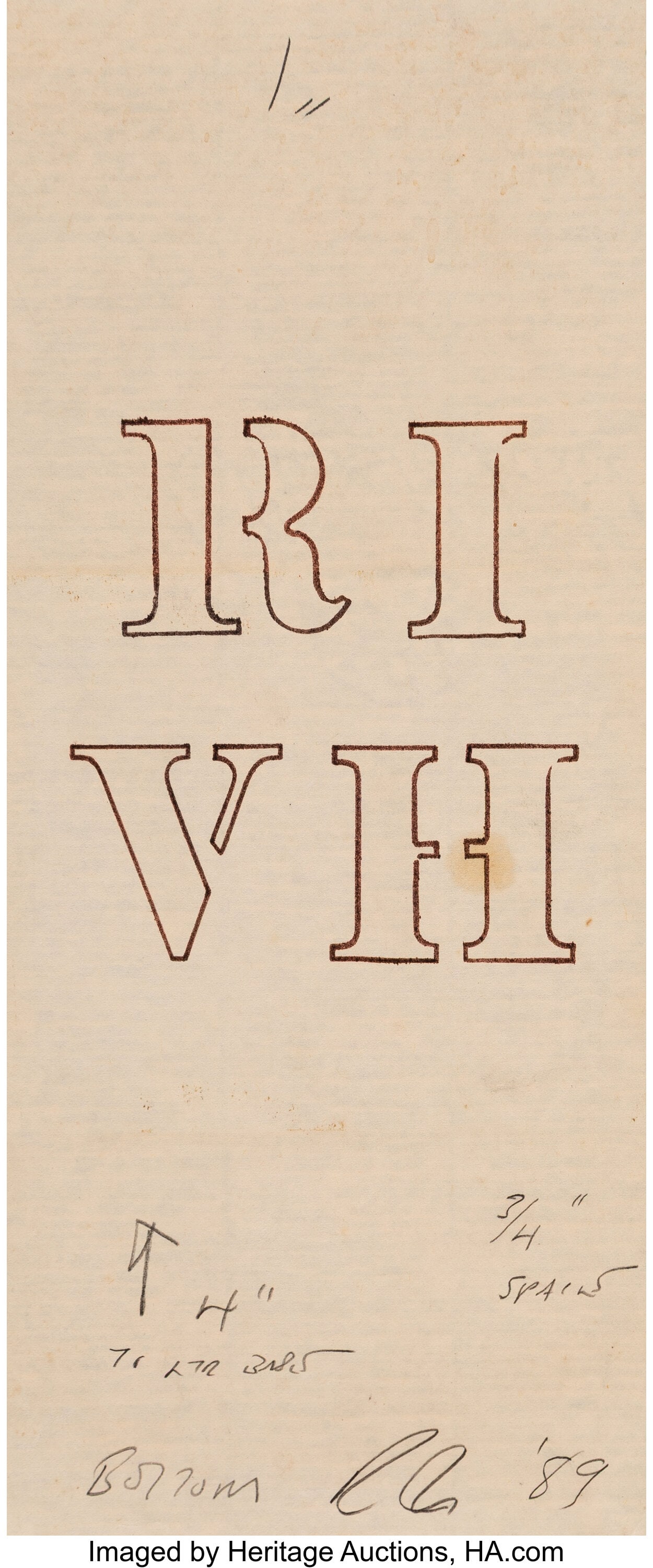 Robert Indiana (1928-2018) RI VH (study), 1989 I: Robert Indiana (1928-2018) RI VH (study), 1989 Ink and pencil on cream laid paper 10-3/4 x 4-1/2 inches (27.3 x 11.4 cm) (sheet) Sig