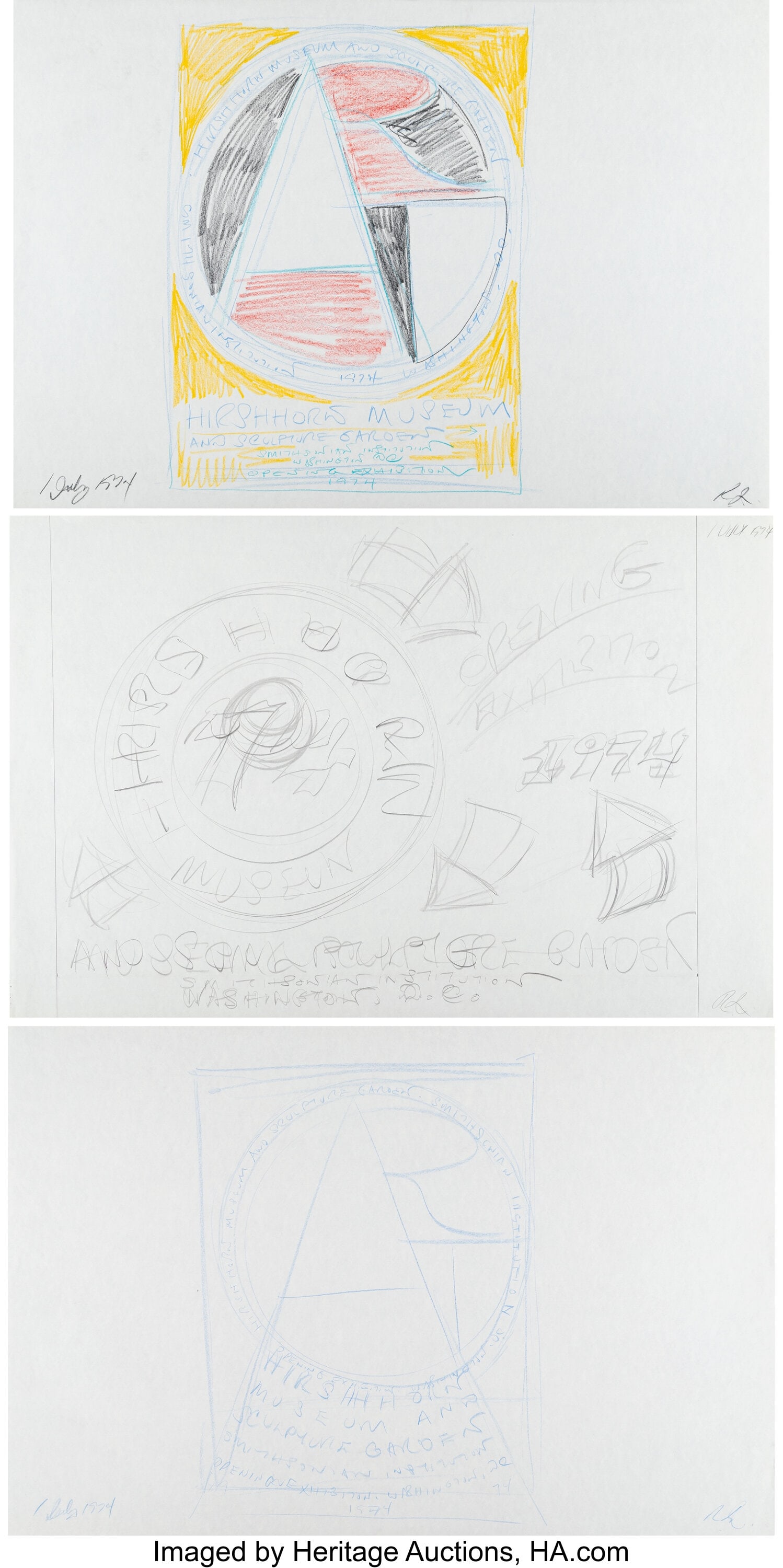 Robert Indiana (1928-2018) Hirshorn Museum Studi: Robert Indiana (1928-2018) Hirshorn Museum Studies (three works) Pencil on paper 24 x 36 inches (61.0 x 91.4 cm) (each sheet) Each signed in penci