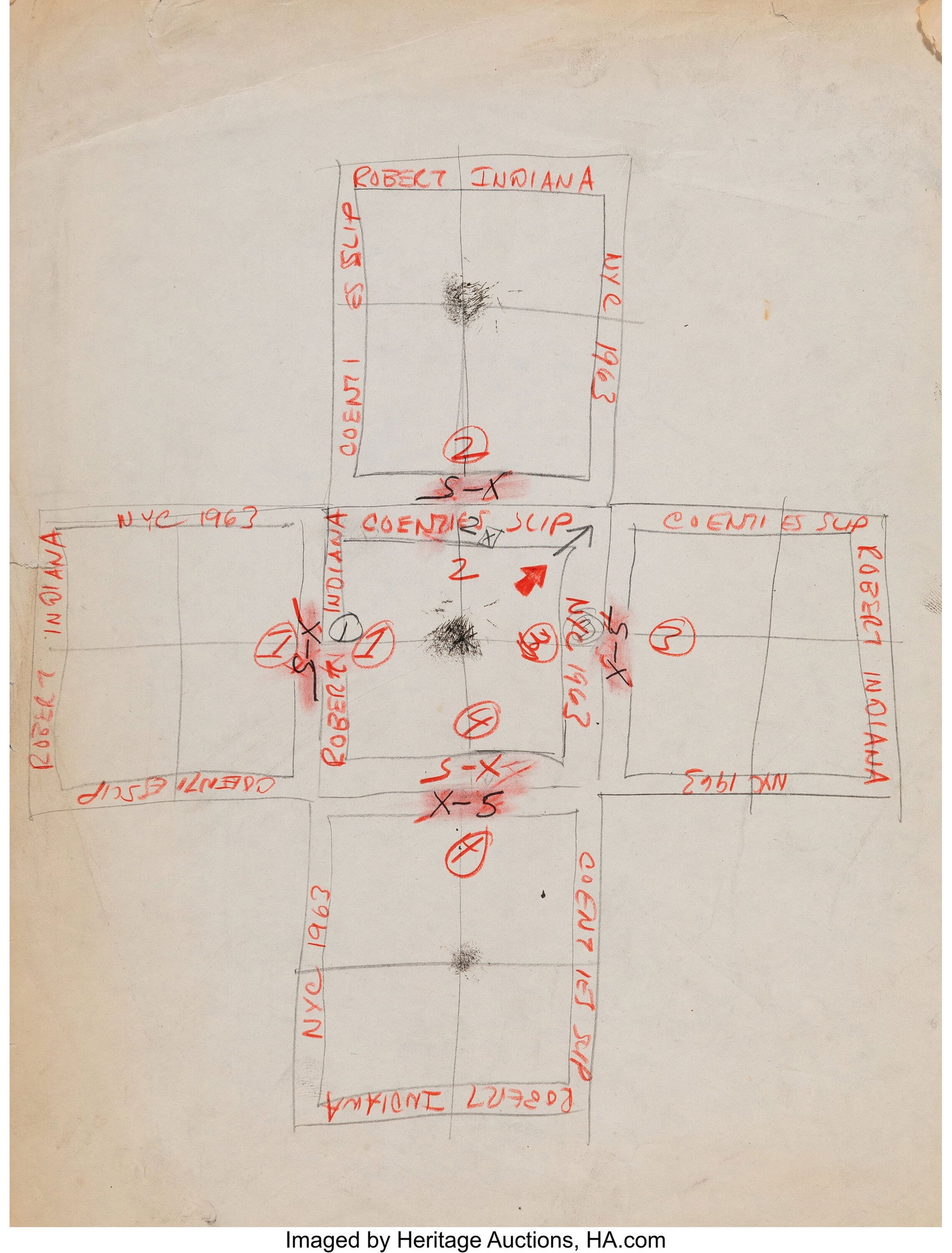 Robert Indiana (1928-2018) Coenties Slip (study): Robert Indiana (1928-2018) Coenties Slip (study) Pencil on paper 13-3/4 x 11 inches (34.9 x 27.9 cm) (sheet) HID03101062020 © 2026 Herita
