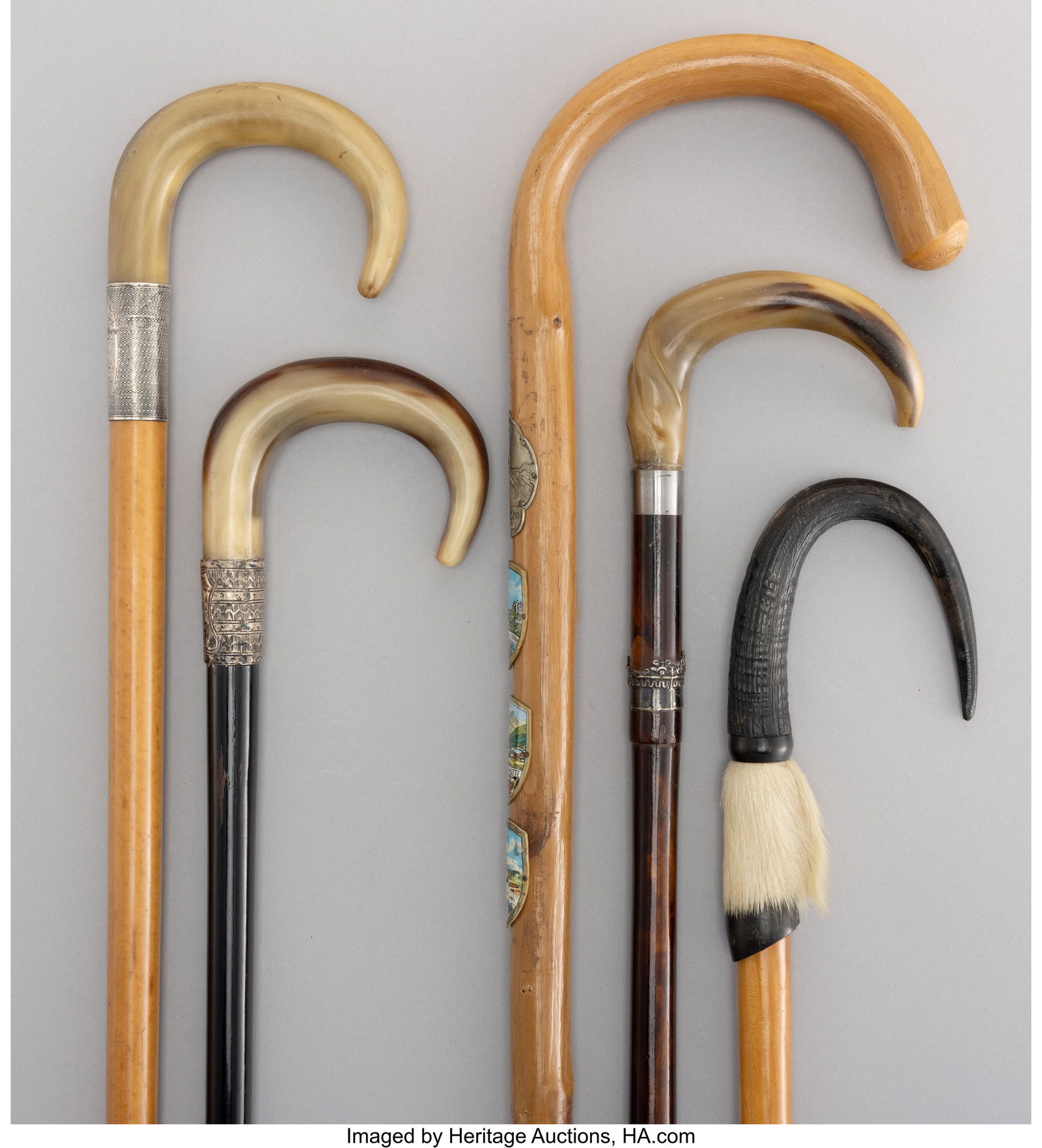 Five Silver-Mounted and Carved Wood and Bamboo C (1 of 6)