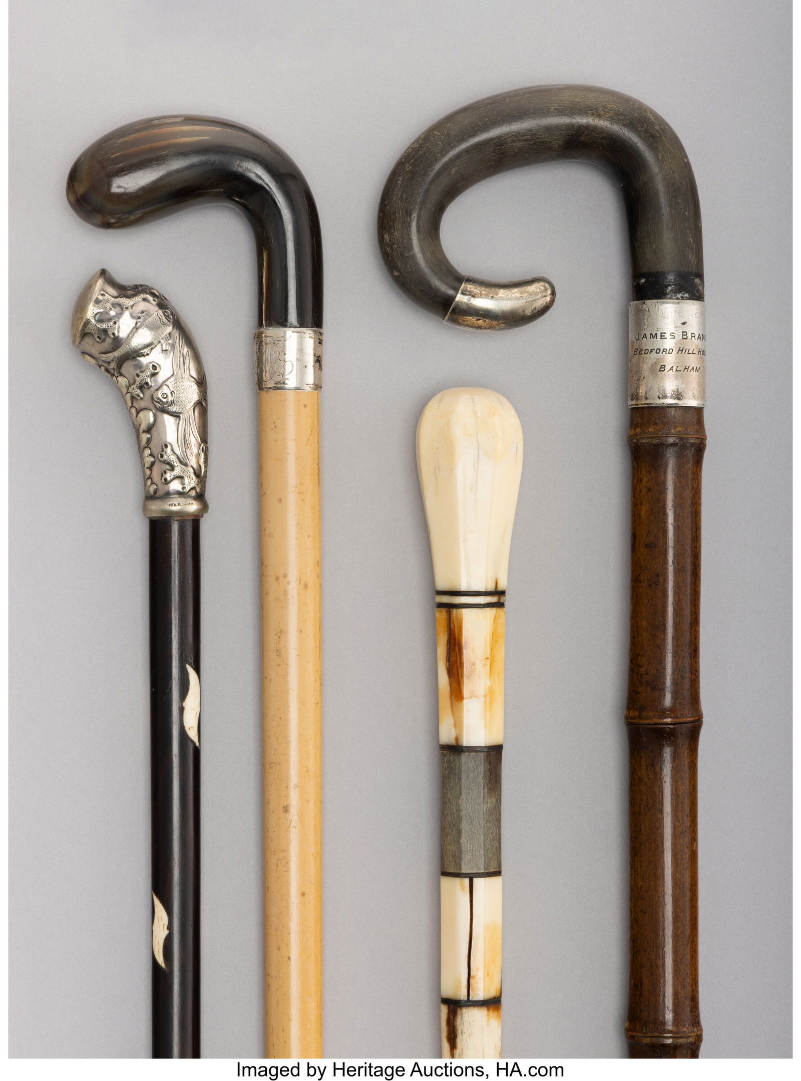Four Silver-Mounted, Bone, and Carved Wood Canes (1 of 5)