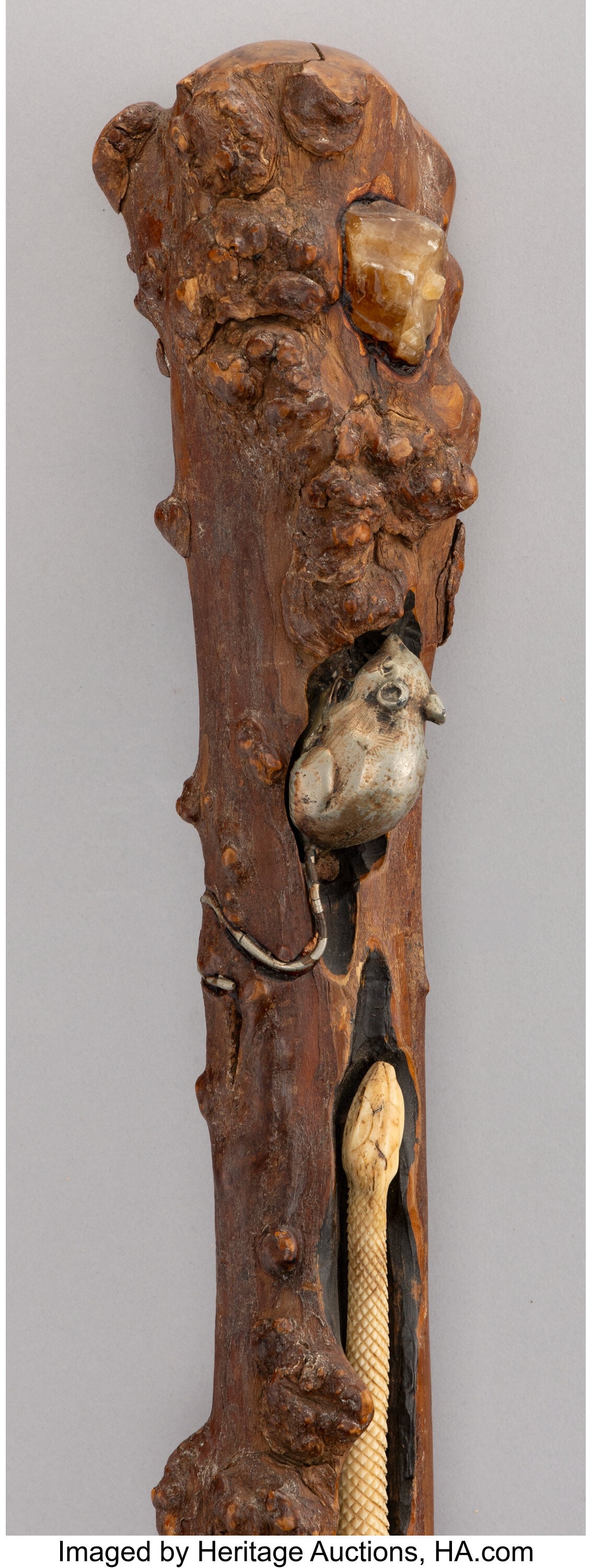 A Massive Folk Art Staff Lemon Quartz, Mother-of-Pearl, and Carved Wood Cane (1 of 5)