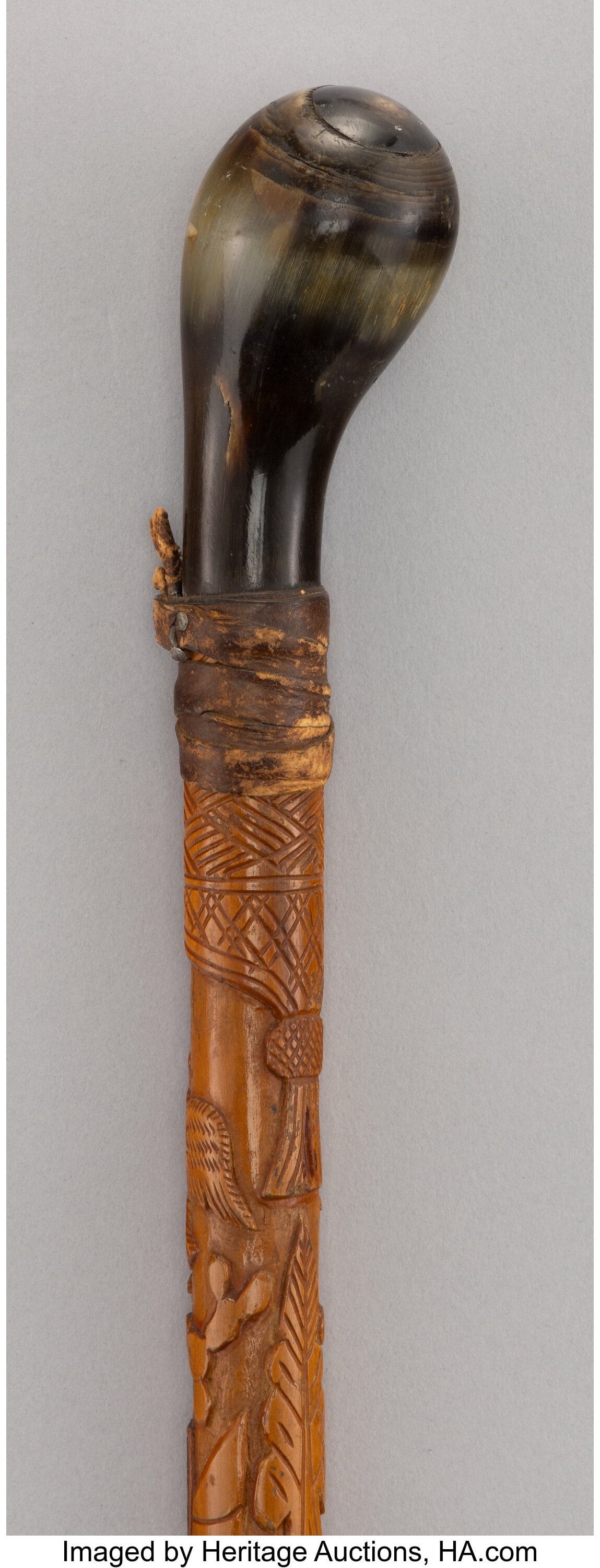 A Carved Wood Cane with Bull Fighting Motif 34-1 (1 of 5)