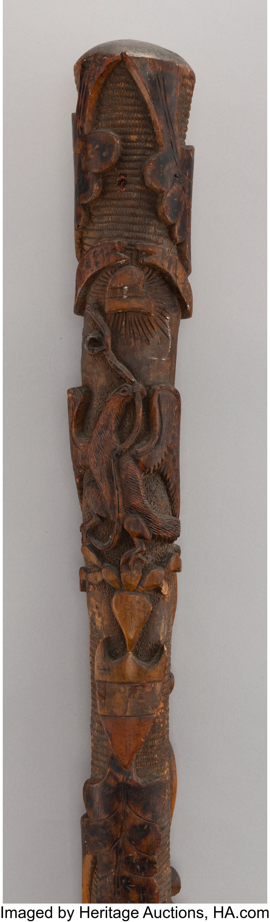 A Large Mexican Carved Wood Cane Incised: LIBERT (1 of 3)