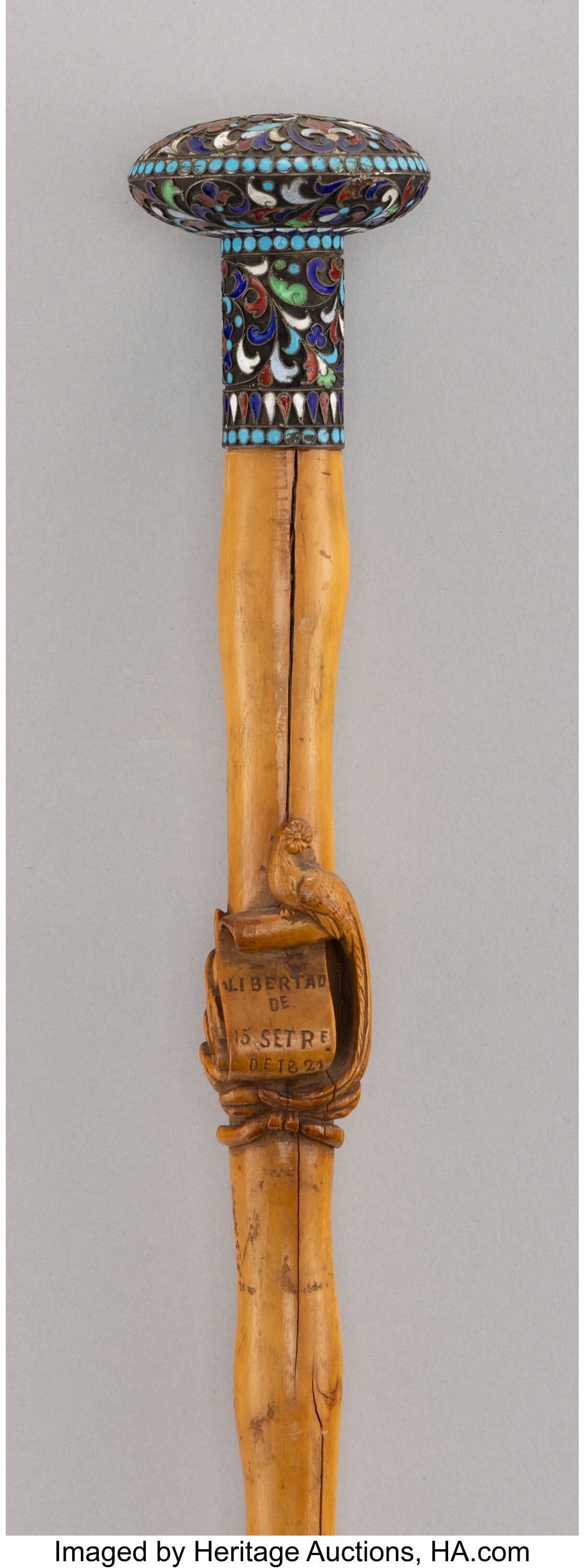 A Champlevé Enameled Carved Wood Cane Commemorating the Day of Guatemal, early (1 of 5)
